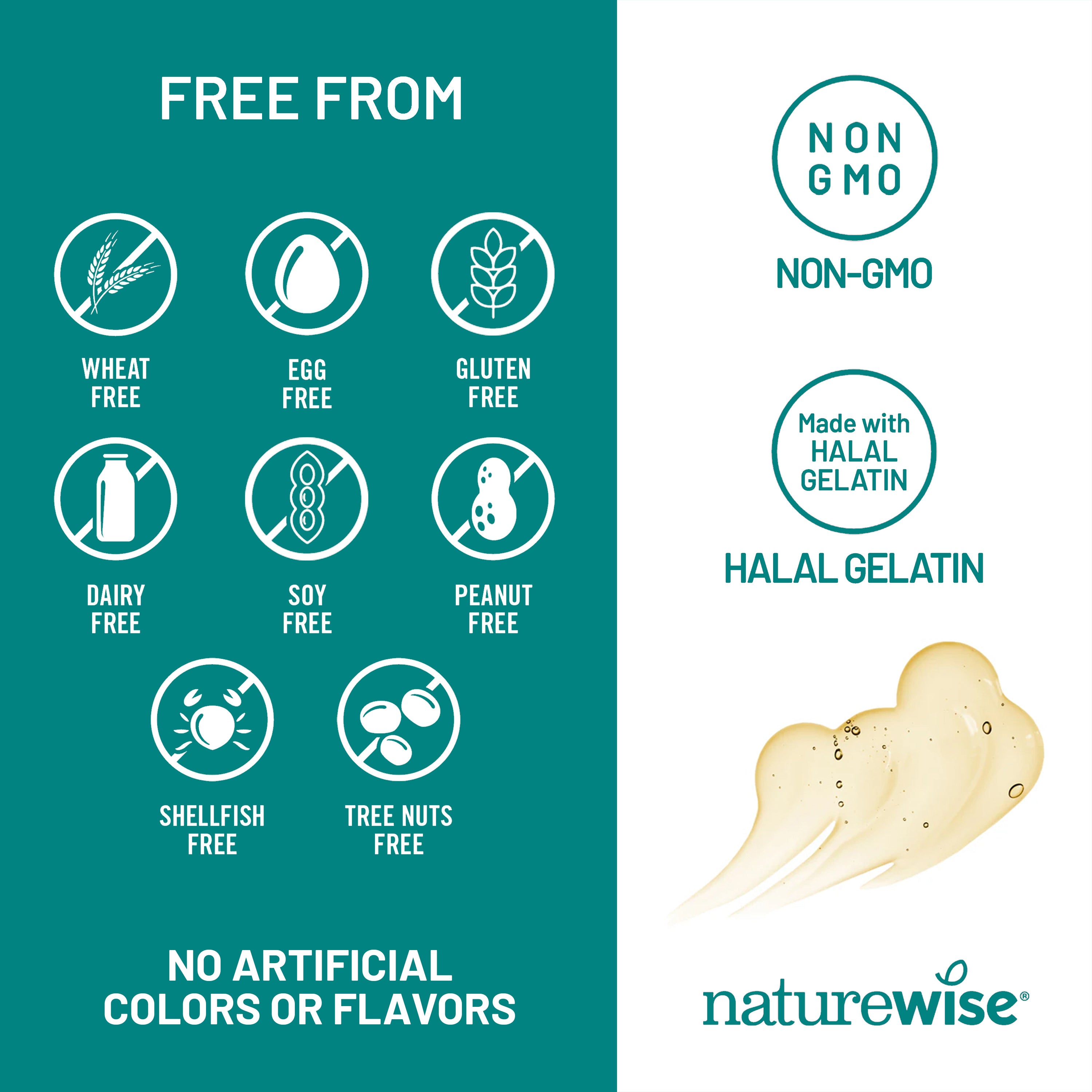 Product label indicating free-from attributes and branding with NatureWise logo.