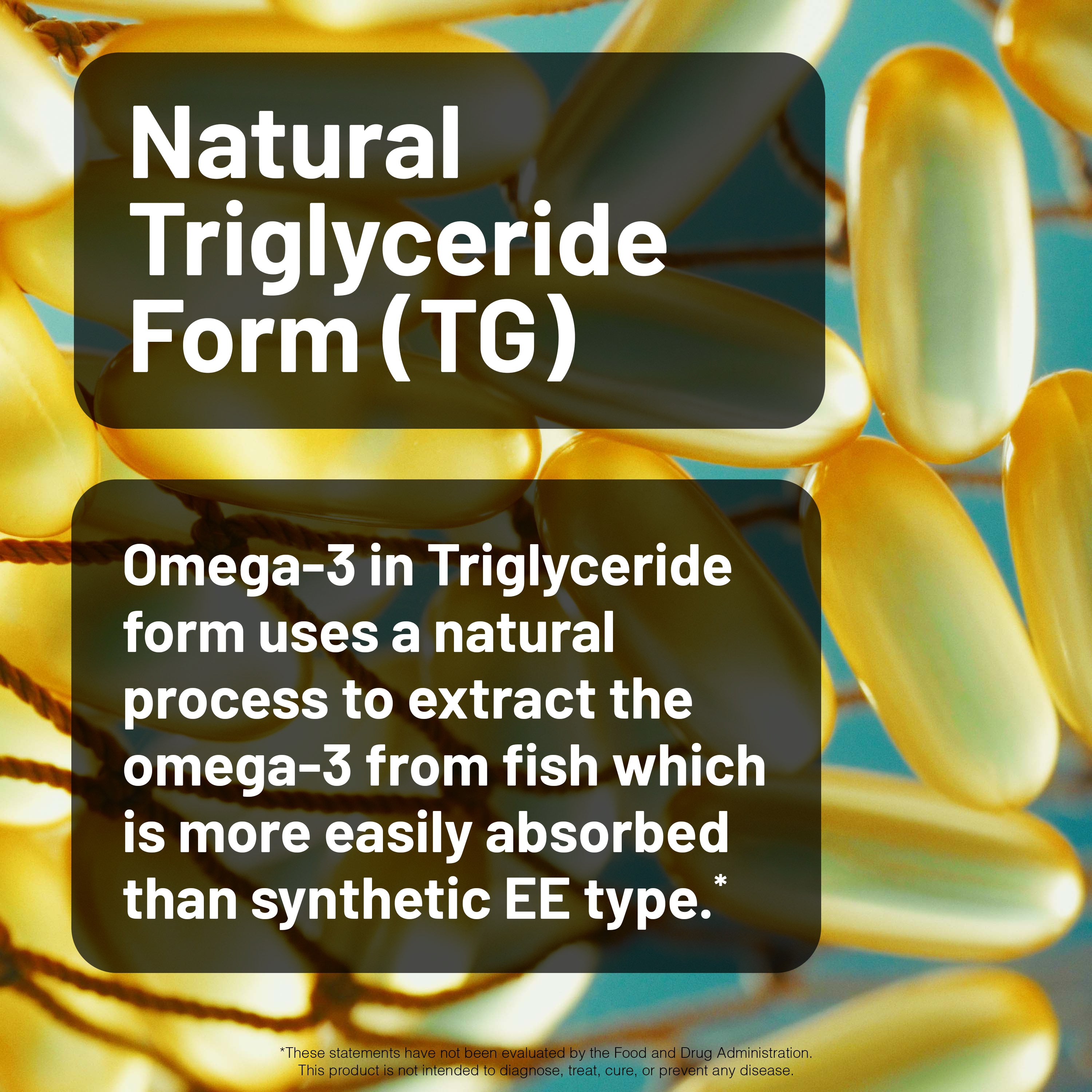 Omega-3 softgels with text about natural triglyceride form on a blue background