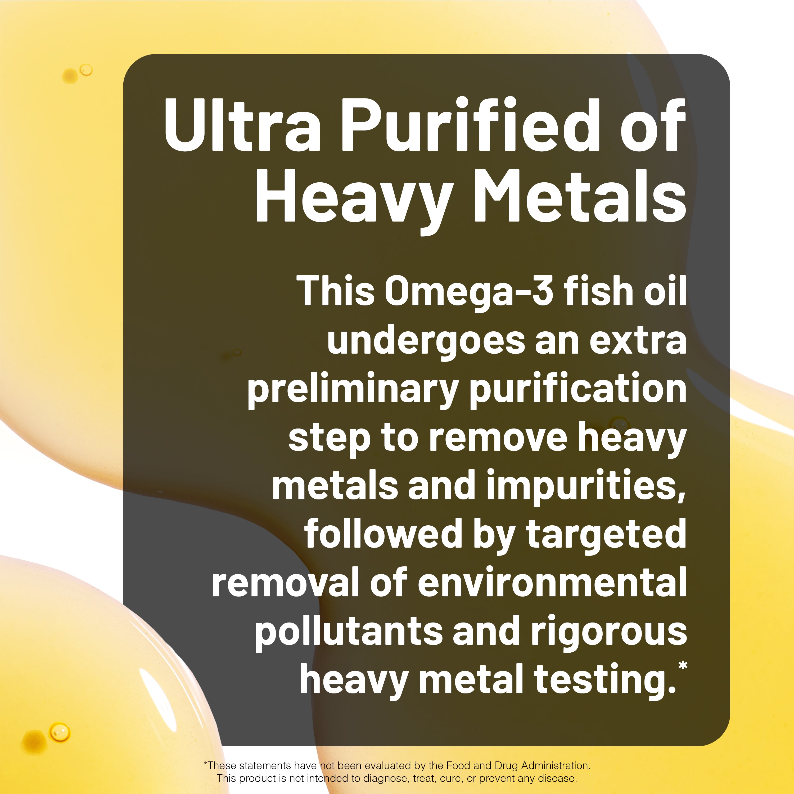 Omega-3 fish oil with text about heavy metal purification on a yellow background