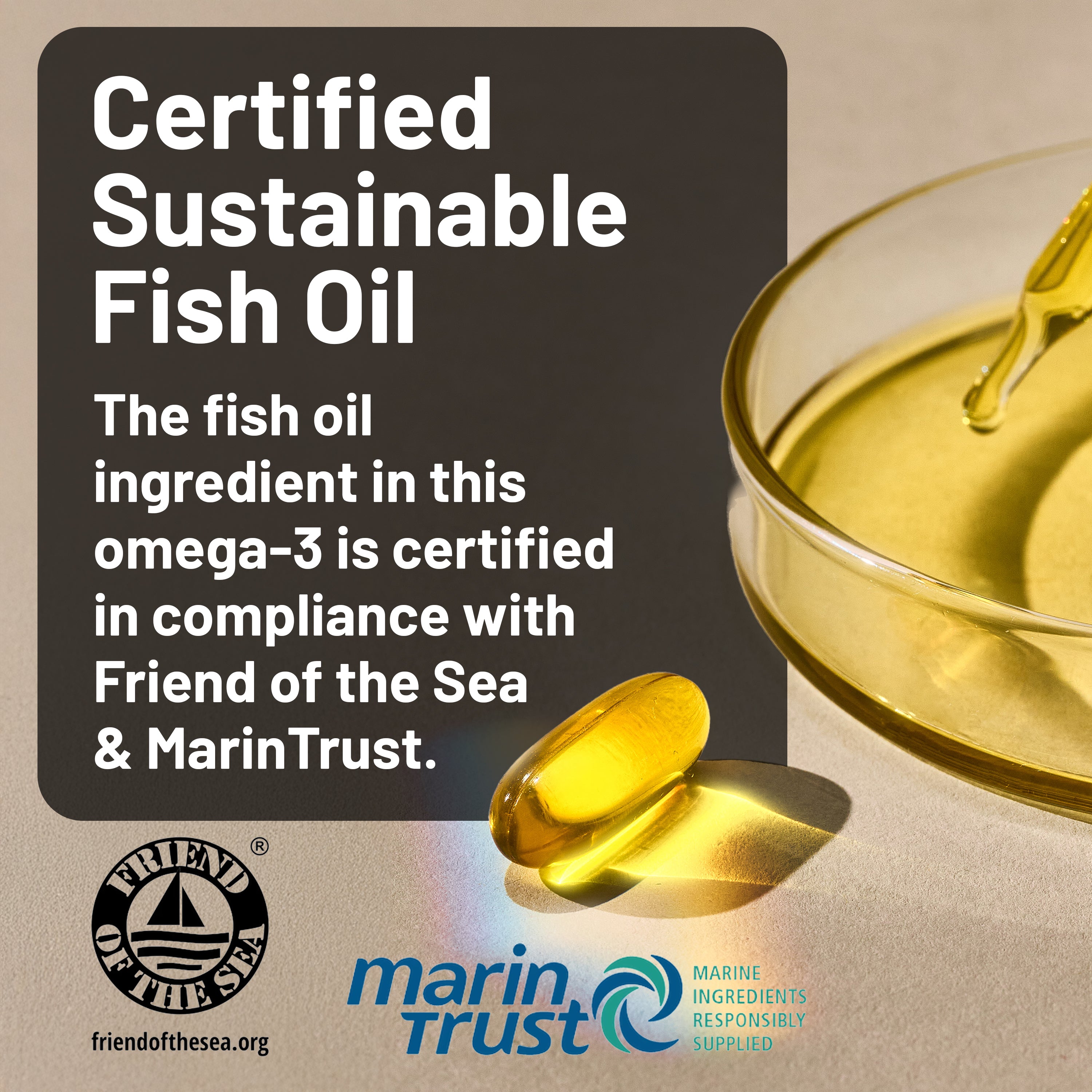 Certified sustainable fish oil with a glass container and capsules on a beige background.