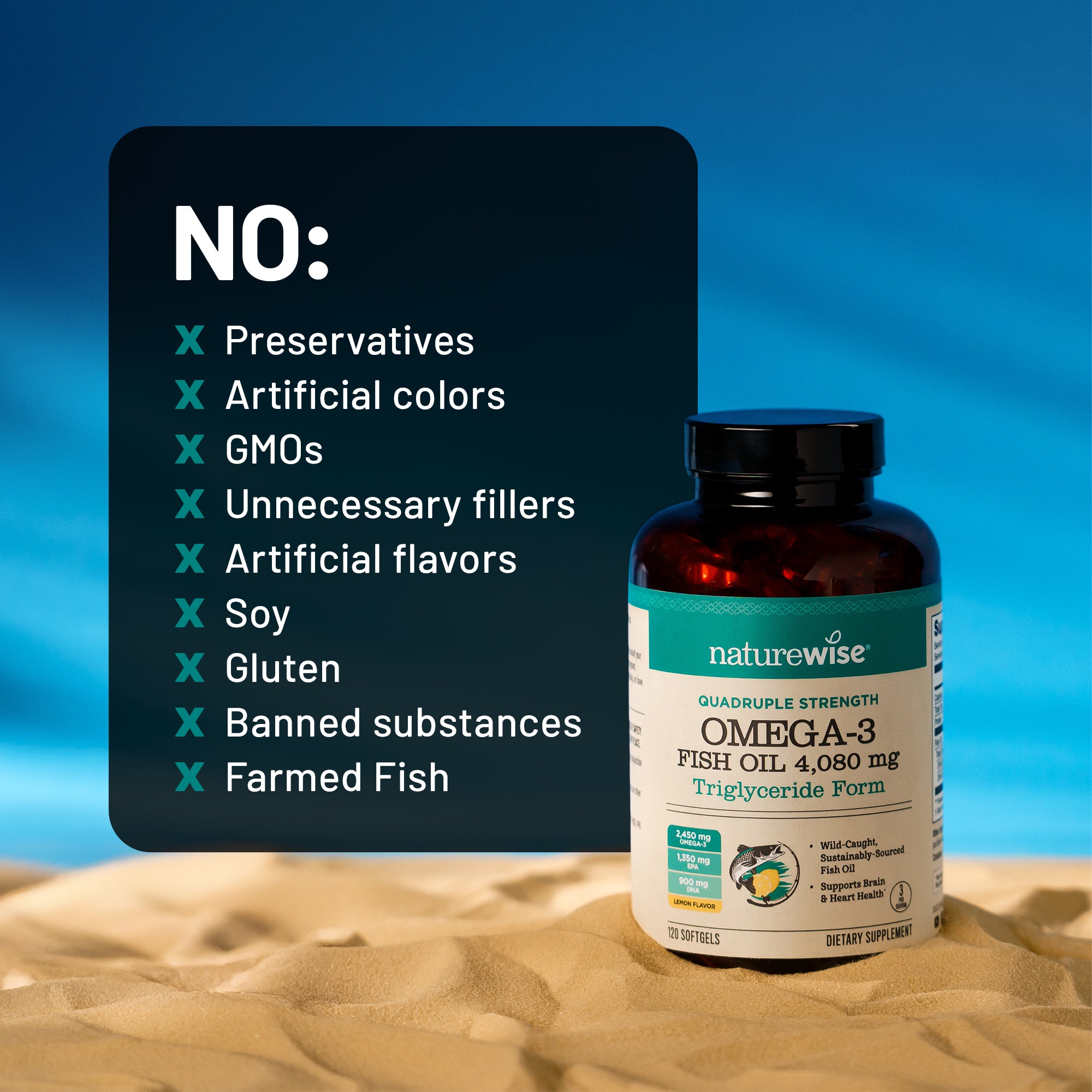 Naturewise Omega-3 fish oil bottle with a list of 'No' items on a blue gradient background