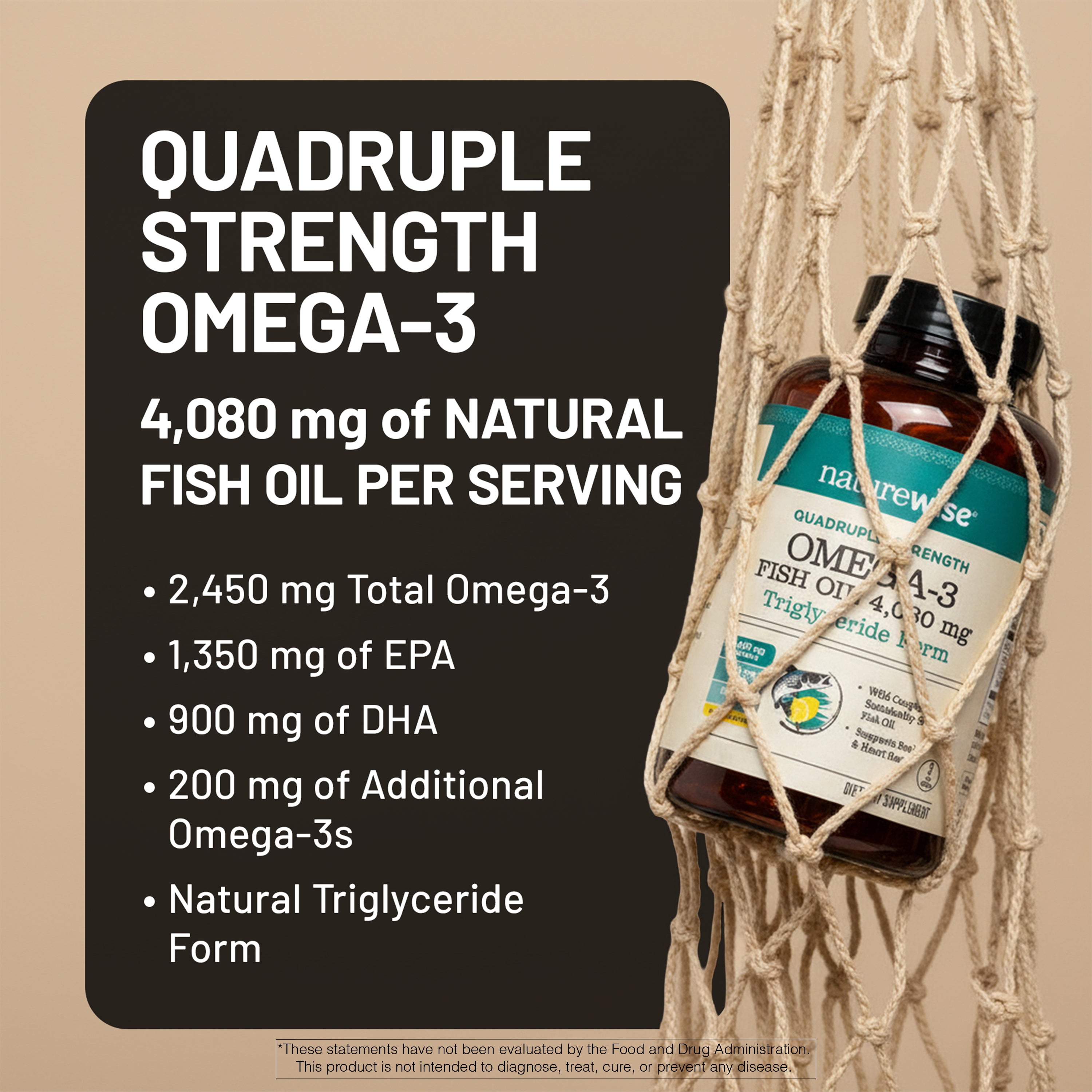 Naturewise Omega-3 supplement bottle with nutritional information on a beige background