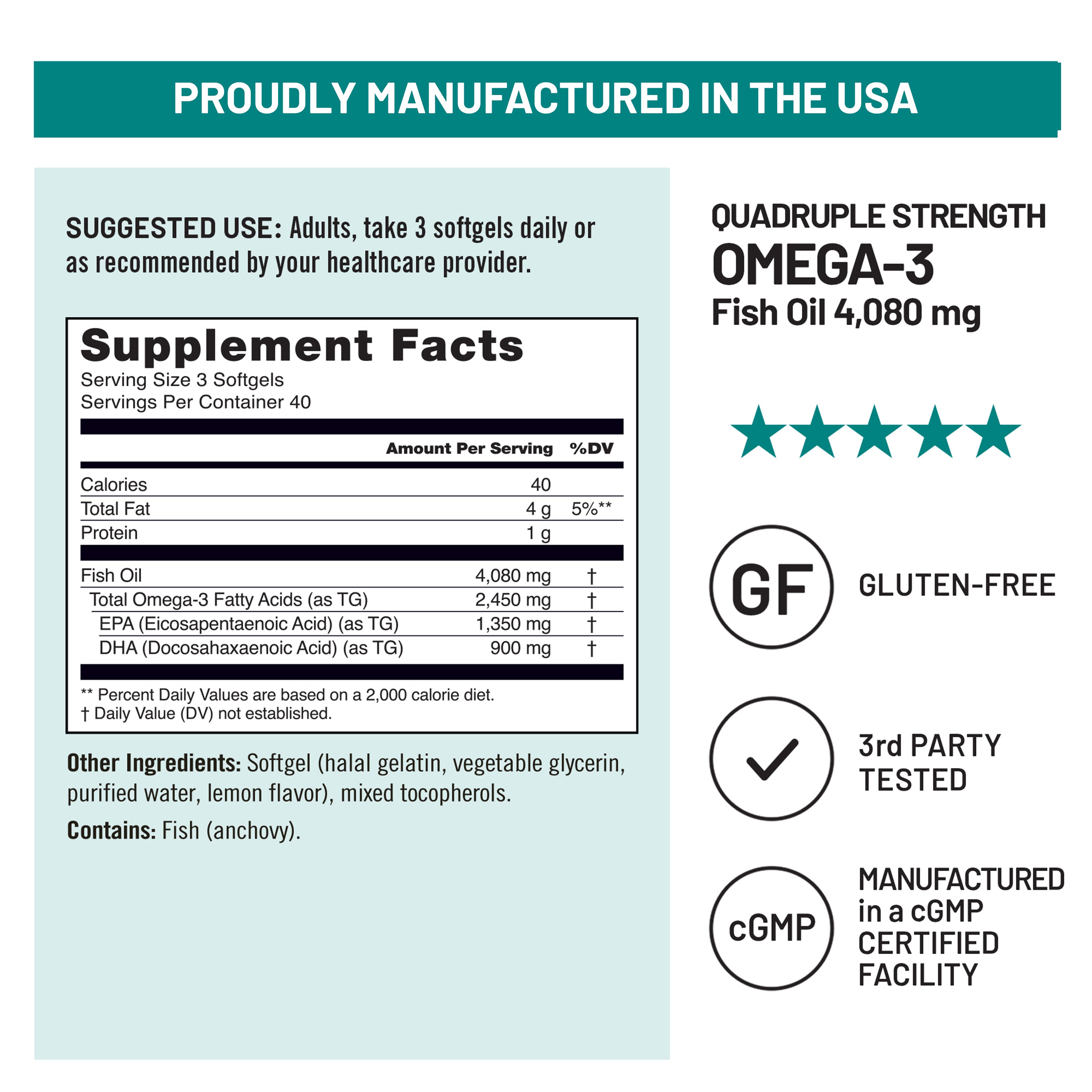 Supplement label for Omega-3 Fish Oil with manufacturing details and supplement facts.