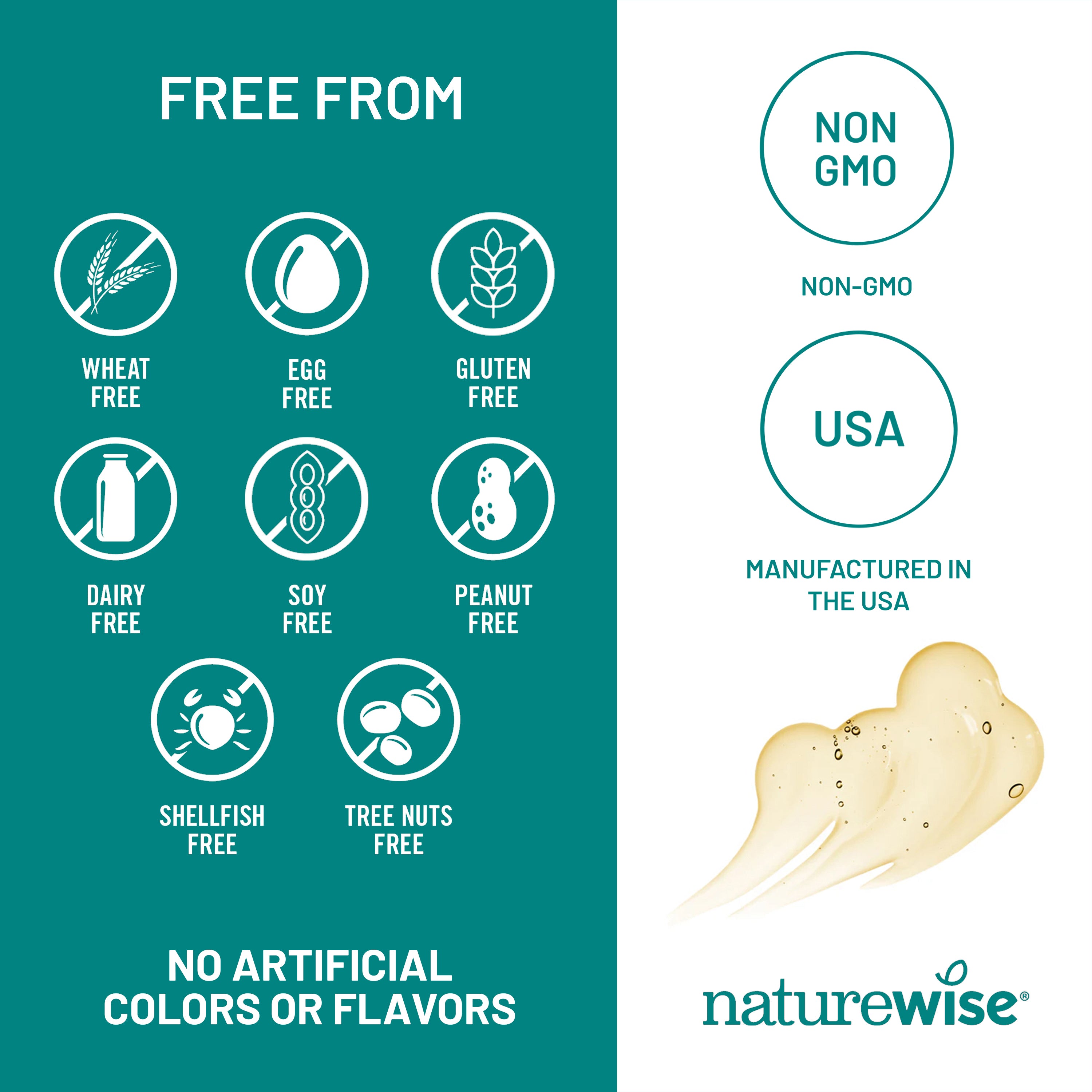 Omega-3 Supplement product label indicating free-from attributes and branding with natureWise logo.