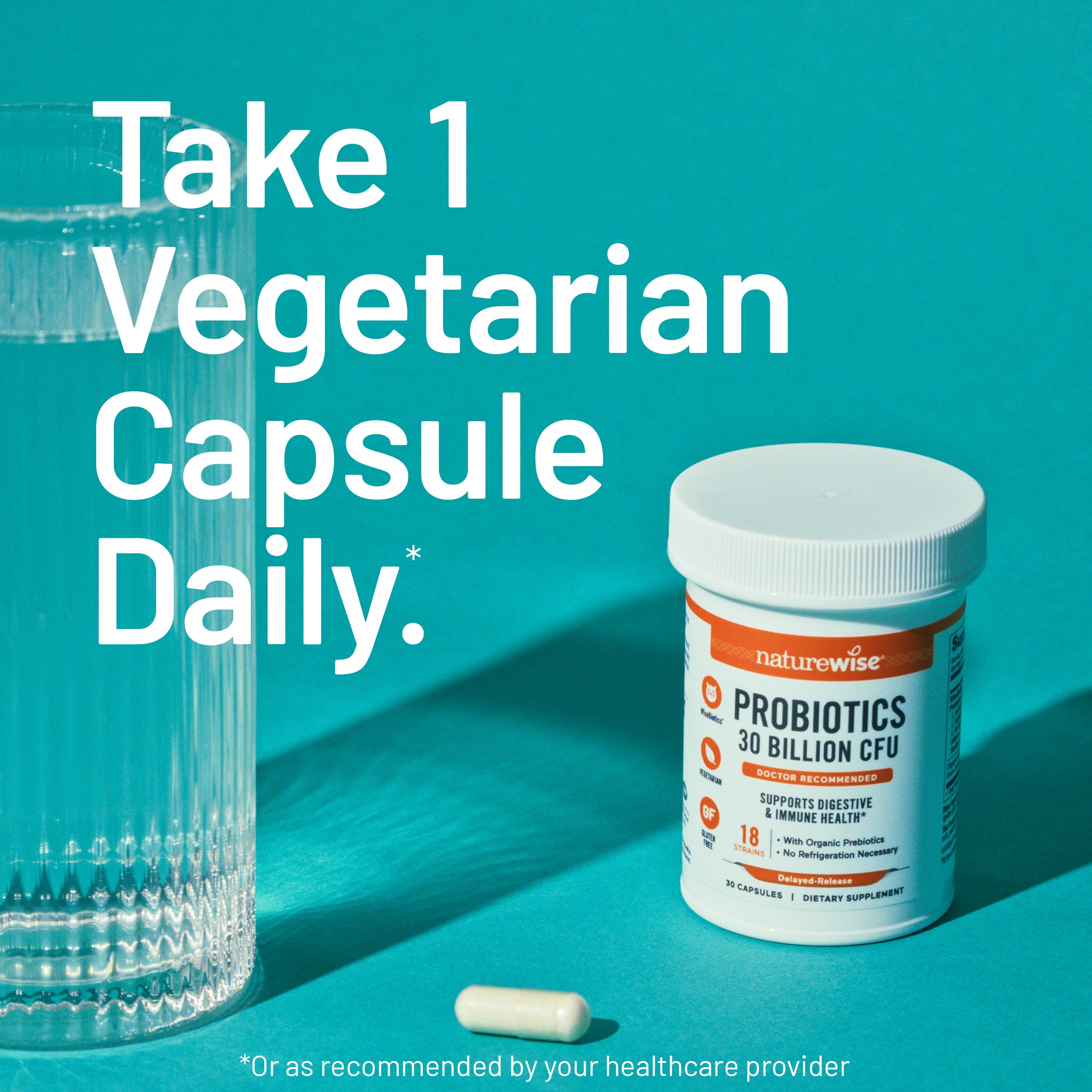 Naturewise probiotics container with a capsule and glass on a teal background