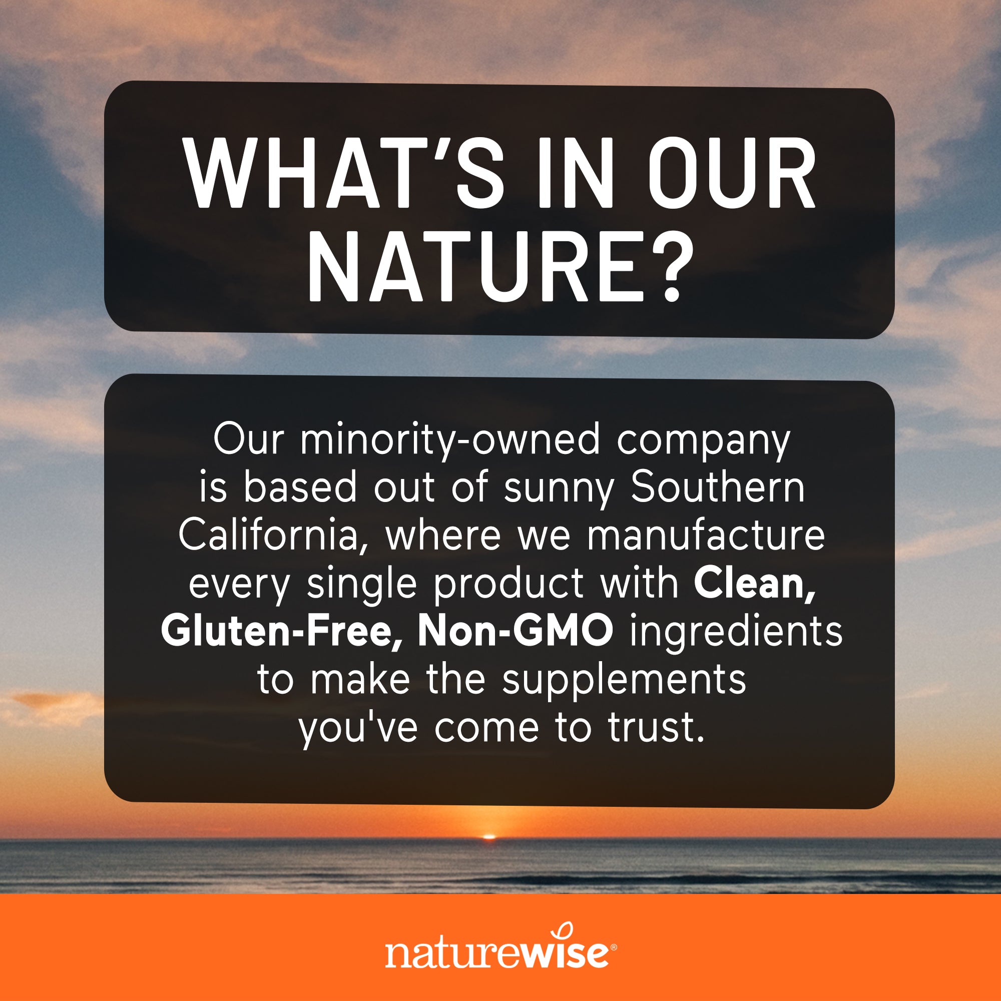 Advertisement for naturewise with text about their manufacturing process and values, set against a sunset over water.