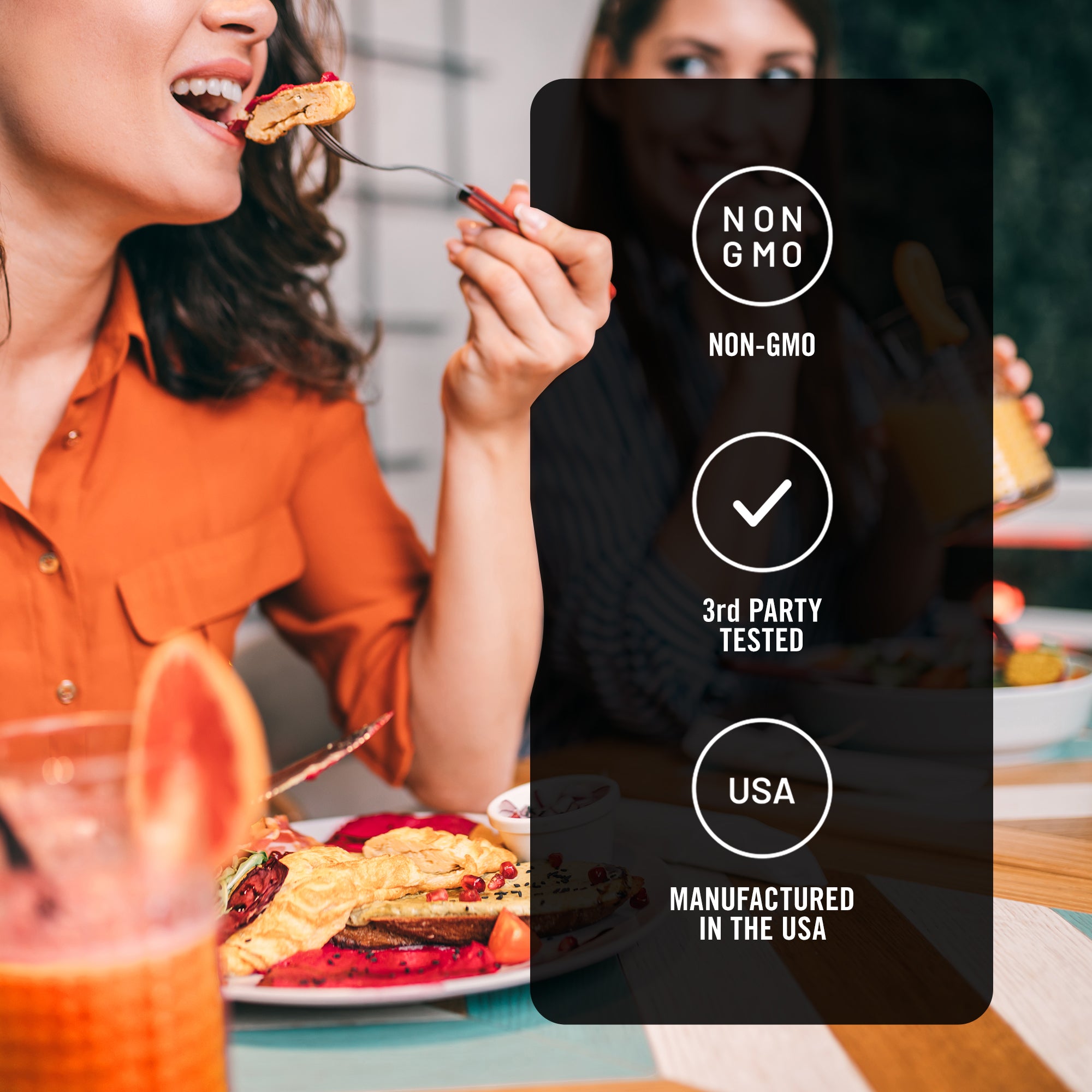 Woman eating dessert with a label indicating non-GMO, third-party tested, and manufactured in the USA.