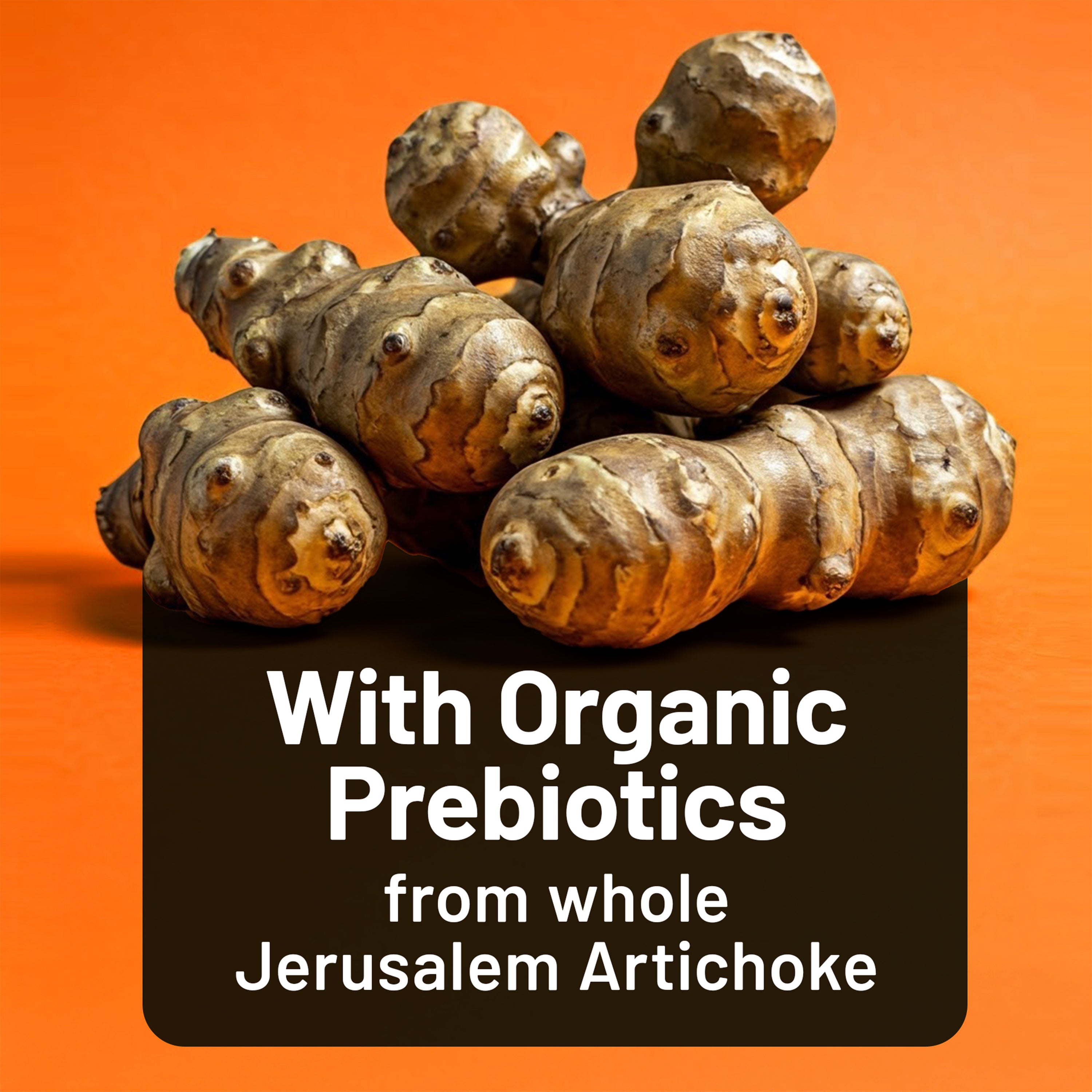Jerusalem artichokes on an orange background with text about organic prebiotics.