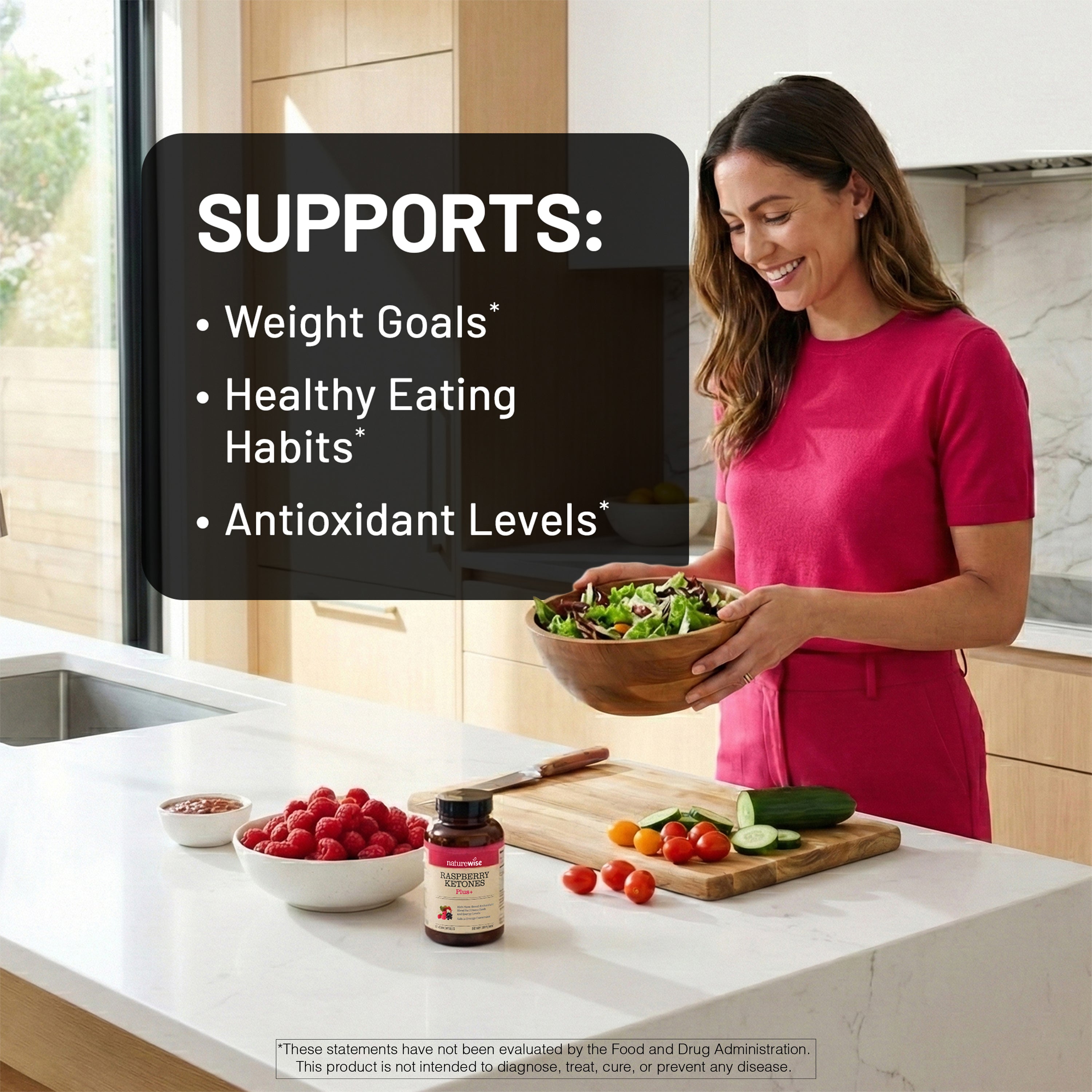 Woman in a kitchen holding a salad with text about weight goals, healthy eating habits, and antioxidant levels.