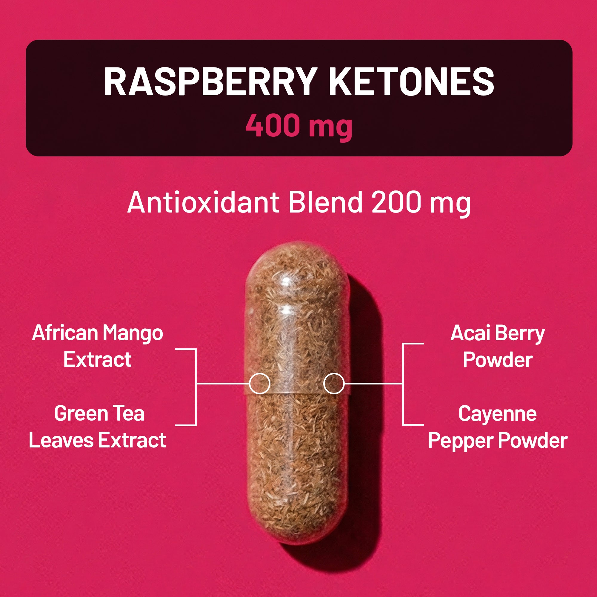 Capsule with raspberry ketones and antioxidant blend on a pink background