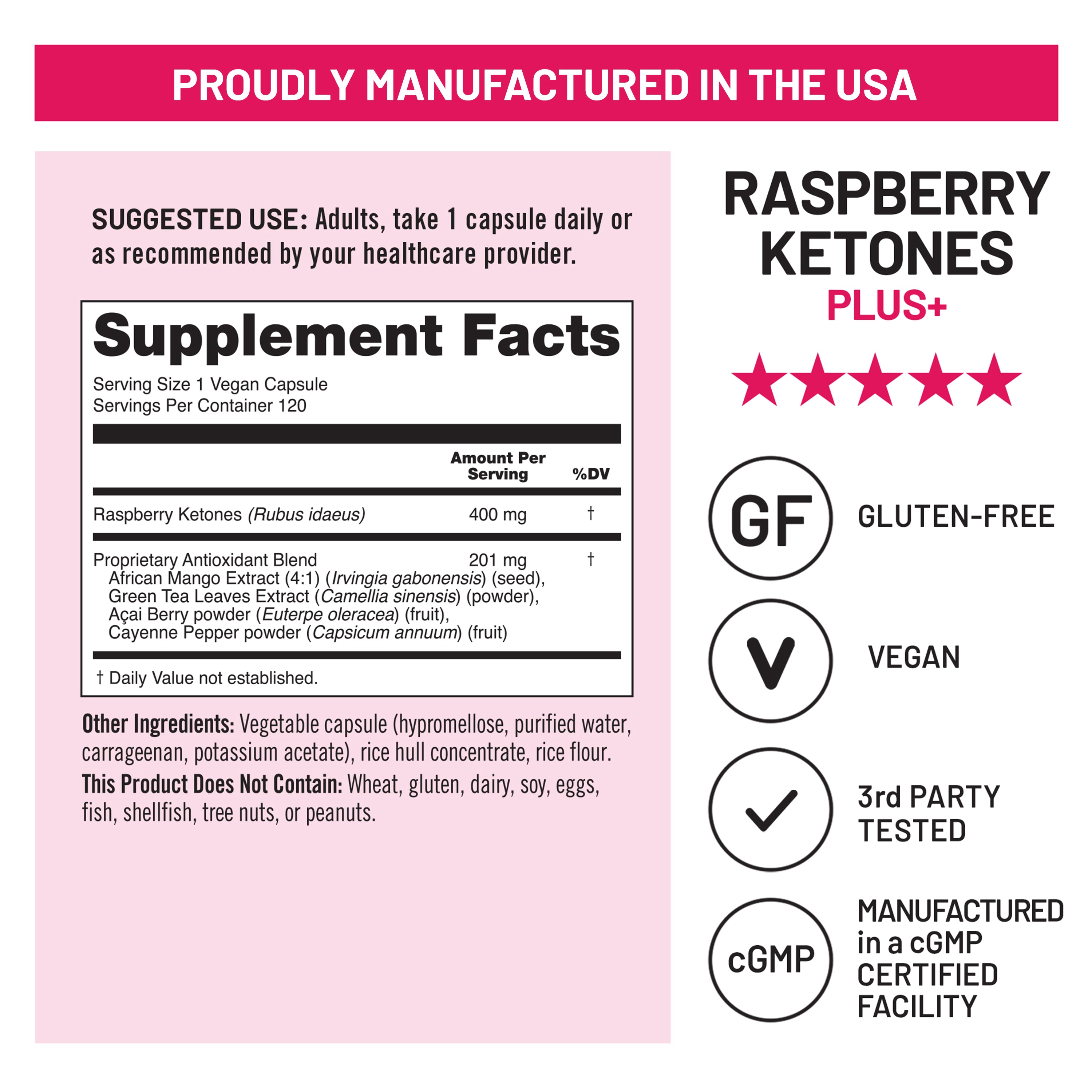 Supplement label for Raspberry Ketones Plus+ with supplement facts and product details on a pink background.