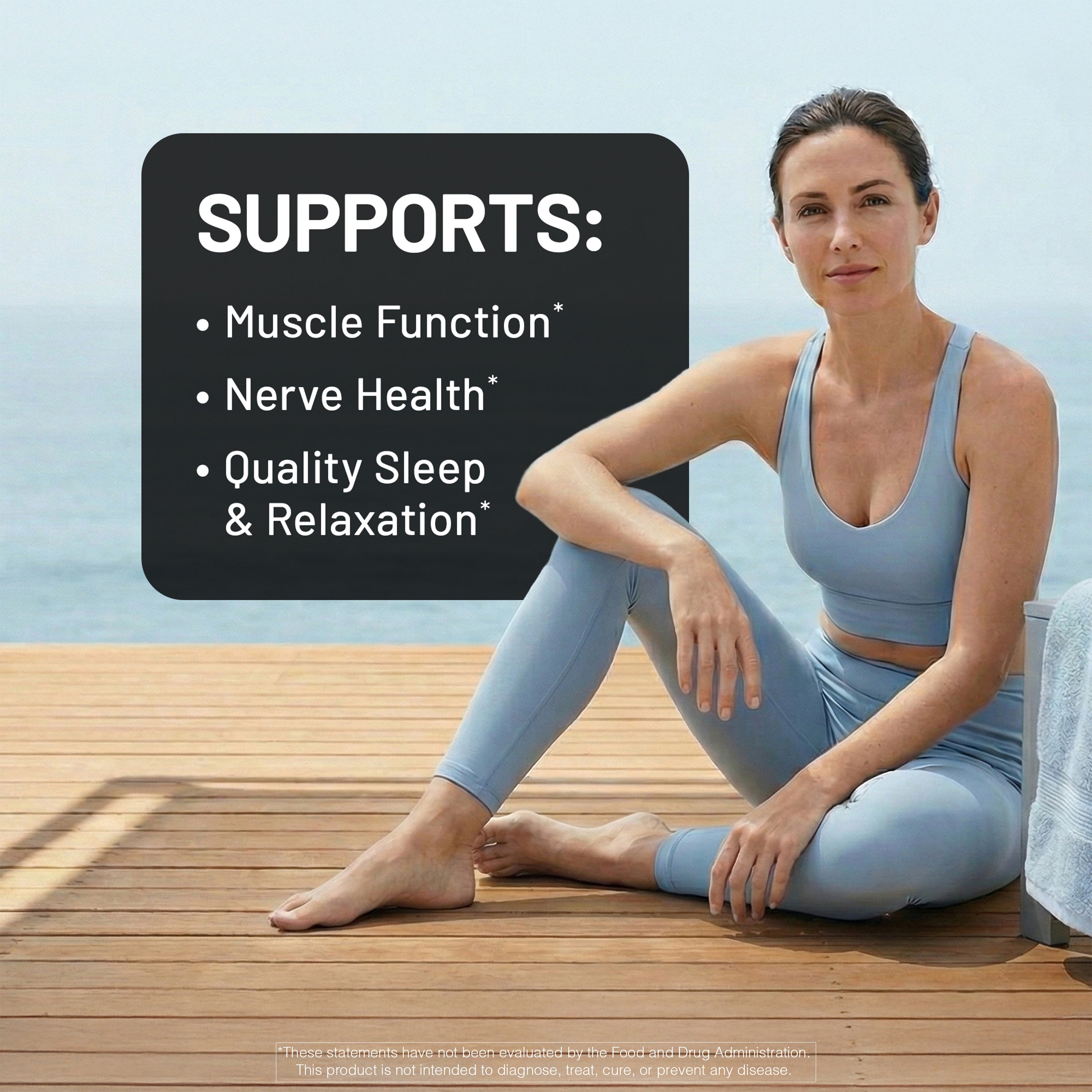 triple magnesium complex supports bullet points with girl in blue workout set next to it.