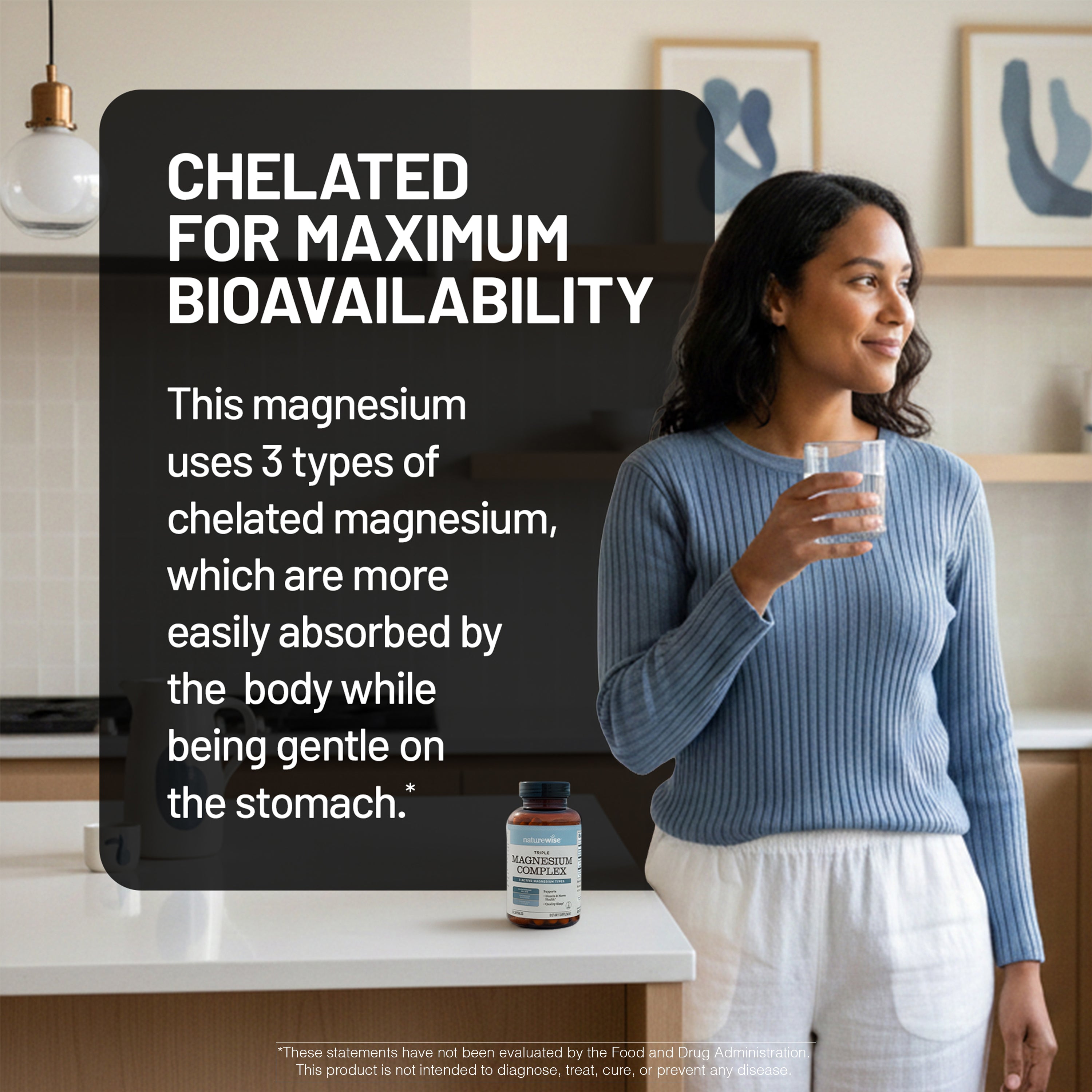 Girl with blue sweater with text about chelated for maximum bioavailability.