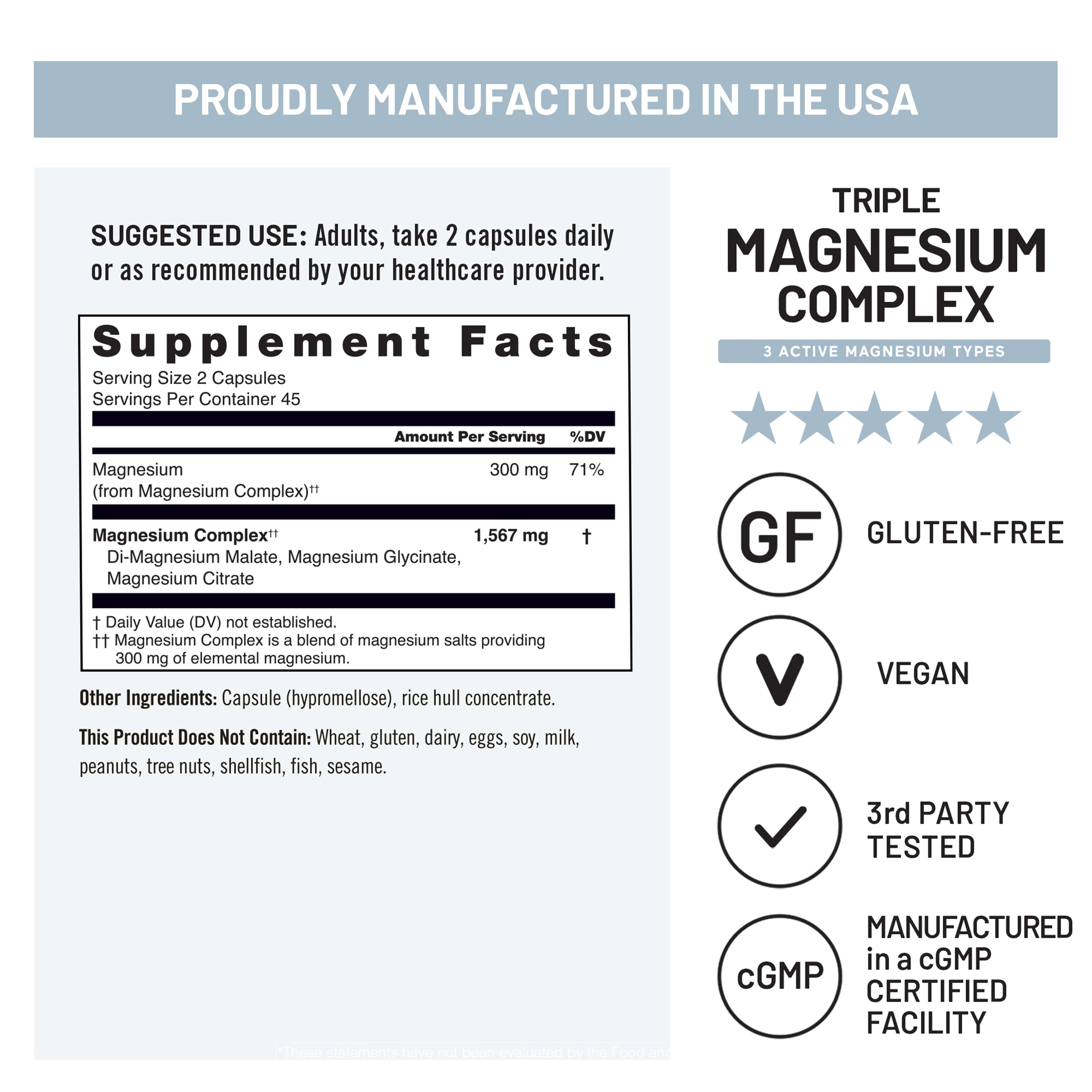 Supplement label for a magnesium complex with certification icons and manufacturing details.