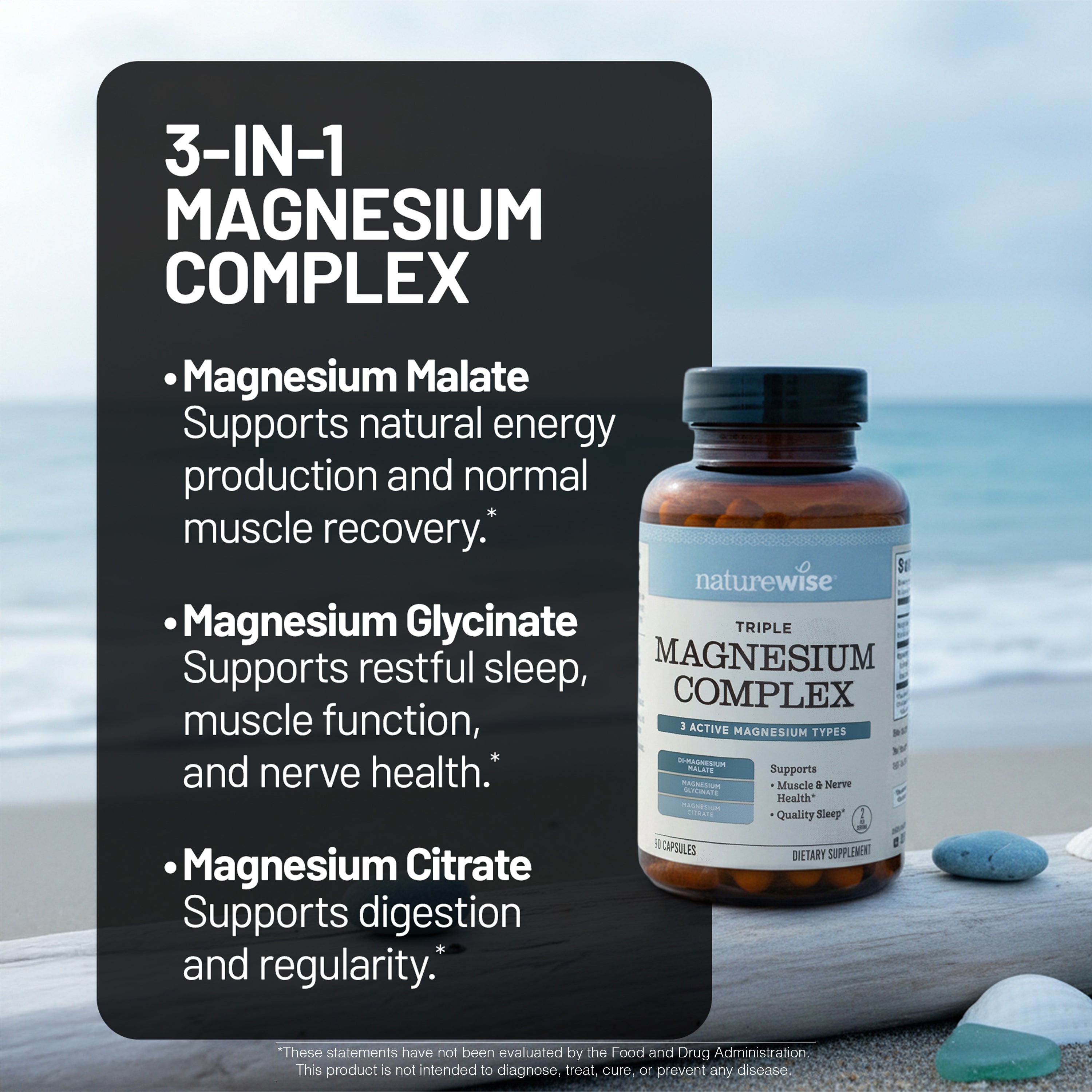 3 in 1 magnesium complex supplement on driftwood at the beach with text about the types of magnesium it has.