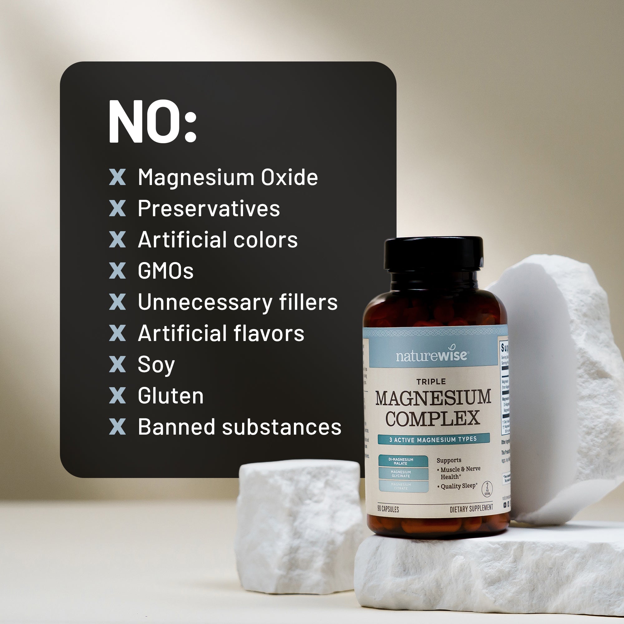 Naturewise Triple Magnesium Complex supplement bottle with a list of 'No' items on a light background