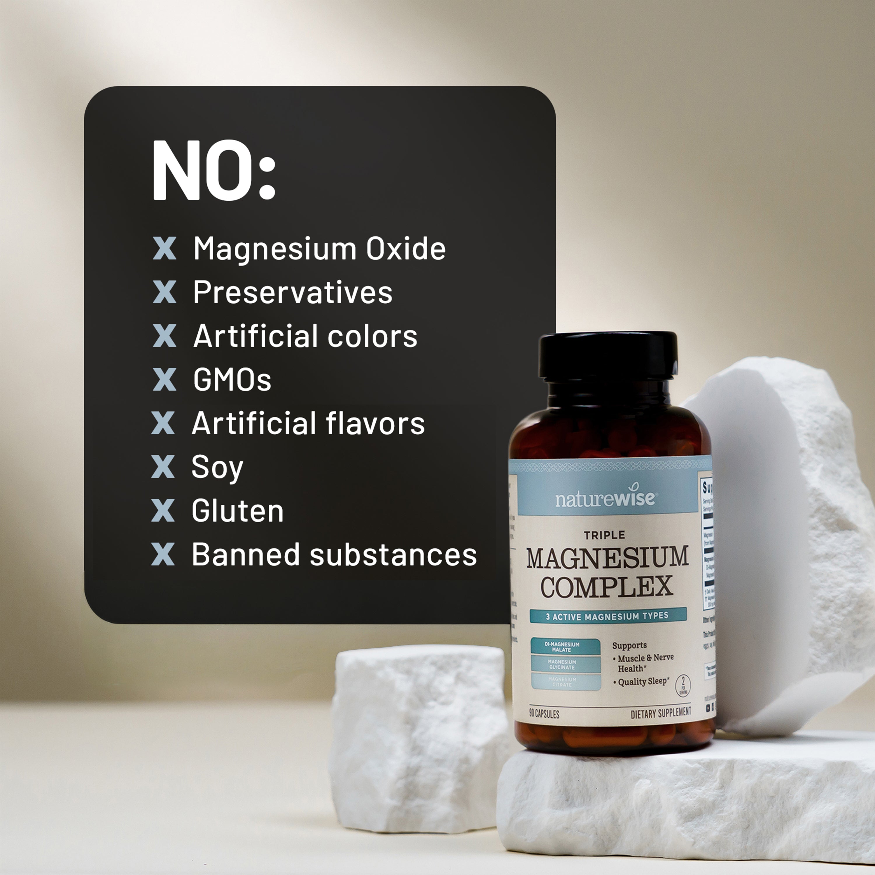 Naturewise Triple Magnesium Complex supplement bottle with a list of 'No' items on a light background