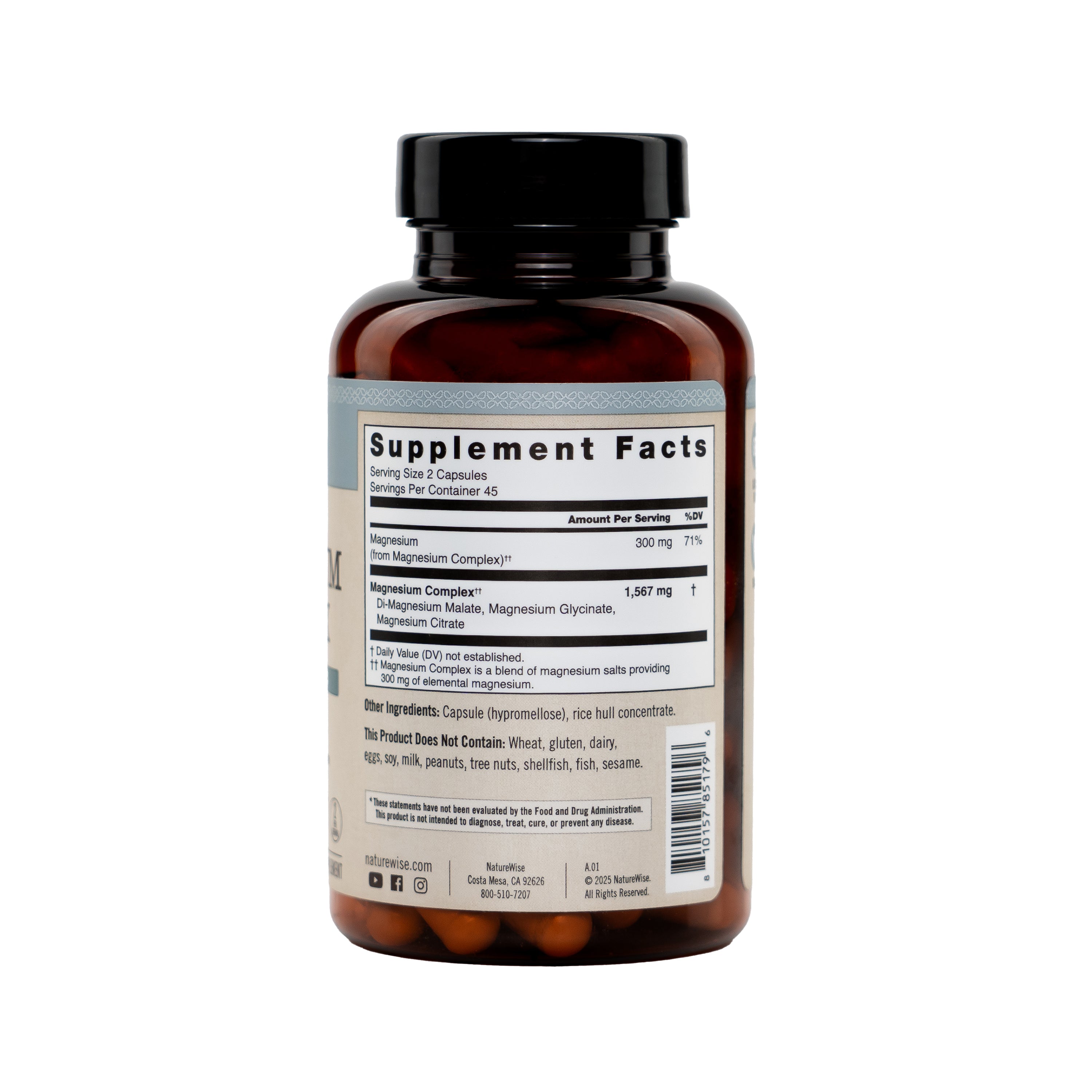 Magnesium complex supplement bottle with label showing 'Supplement Facts' on a white background