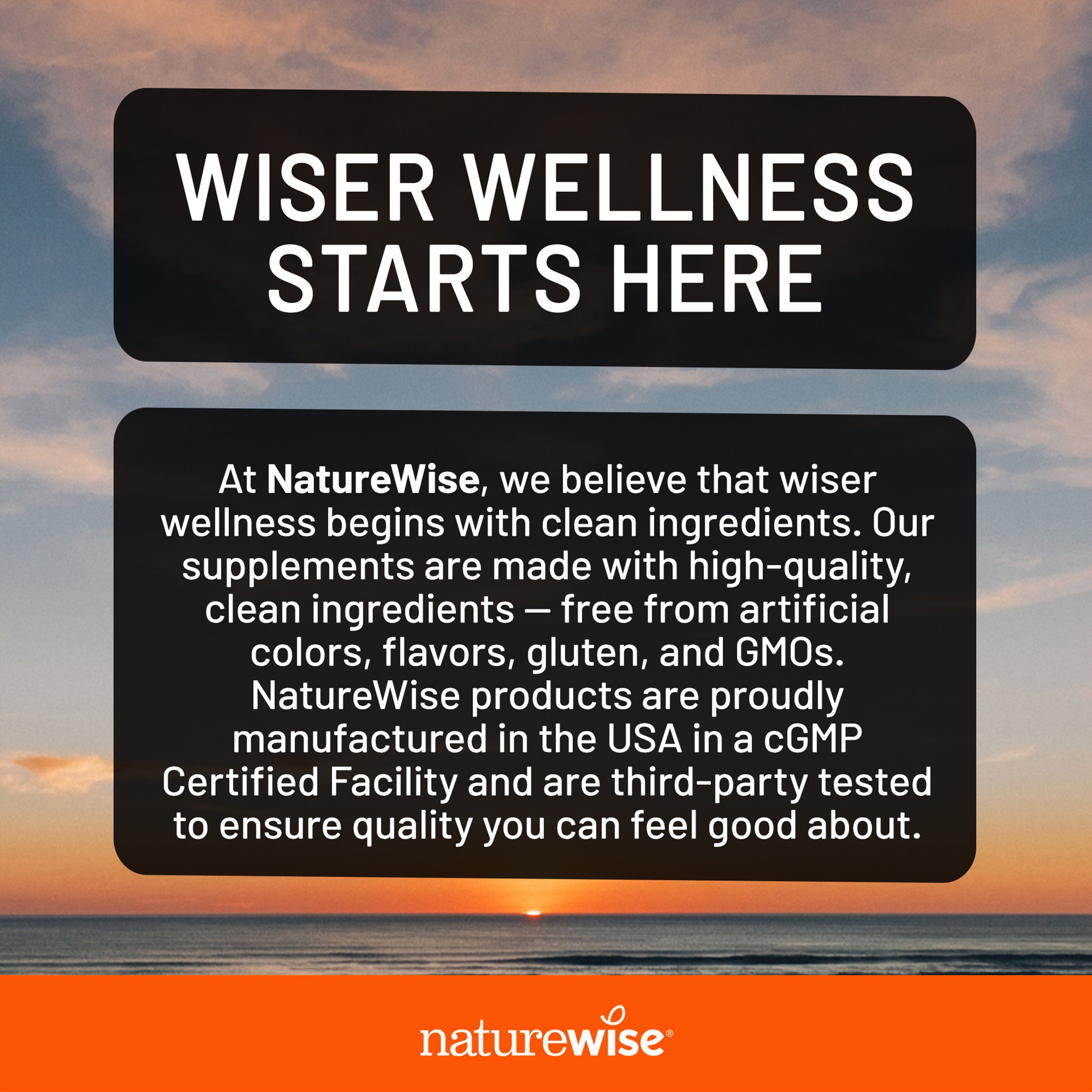NatureWise advertisement with sunset background and text about clean ingredients and quality.