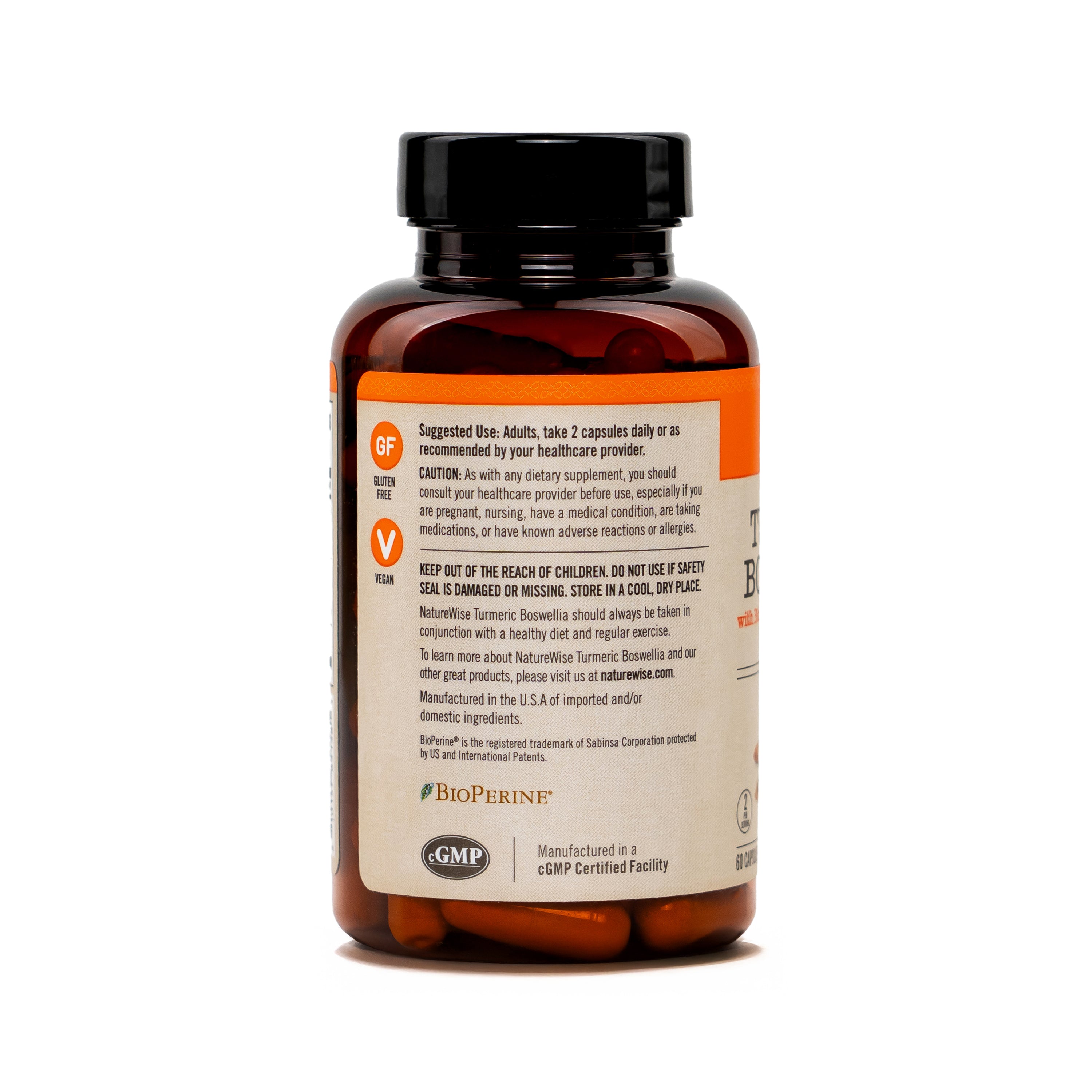 Turmeric boswellia supplement bottle with label on a white background