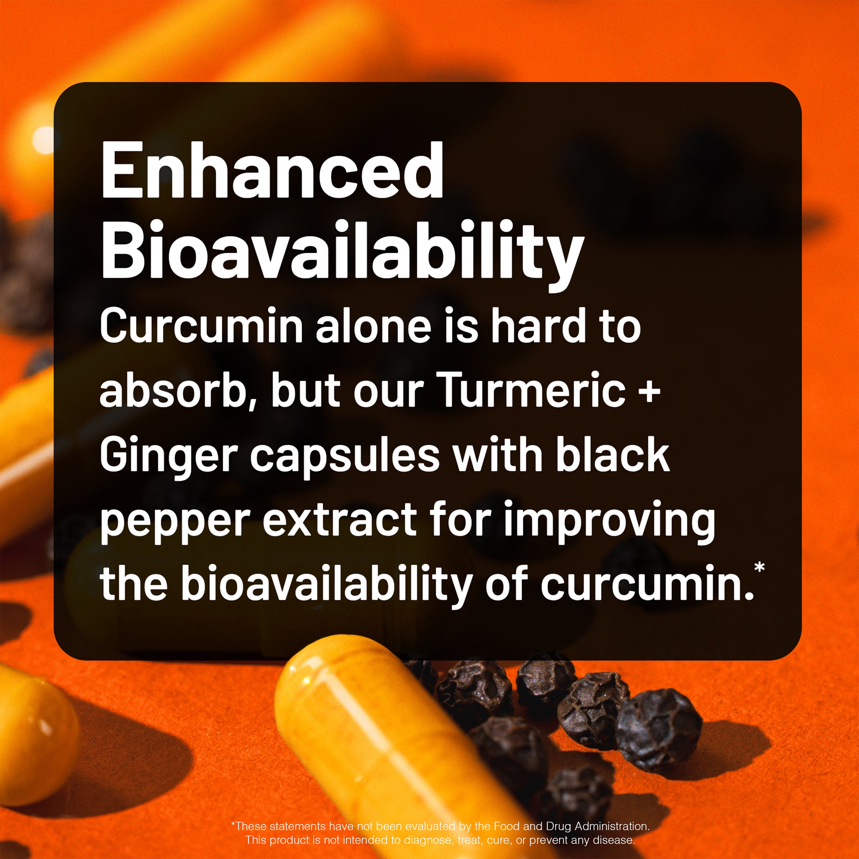 Turmeric capsule with black pepper extract on an orange background, featuring text about enhanced bioavailability.
