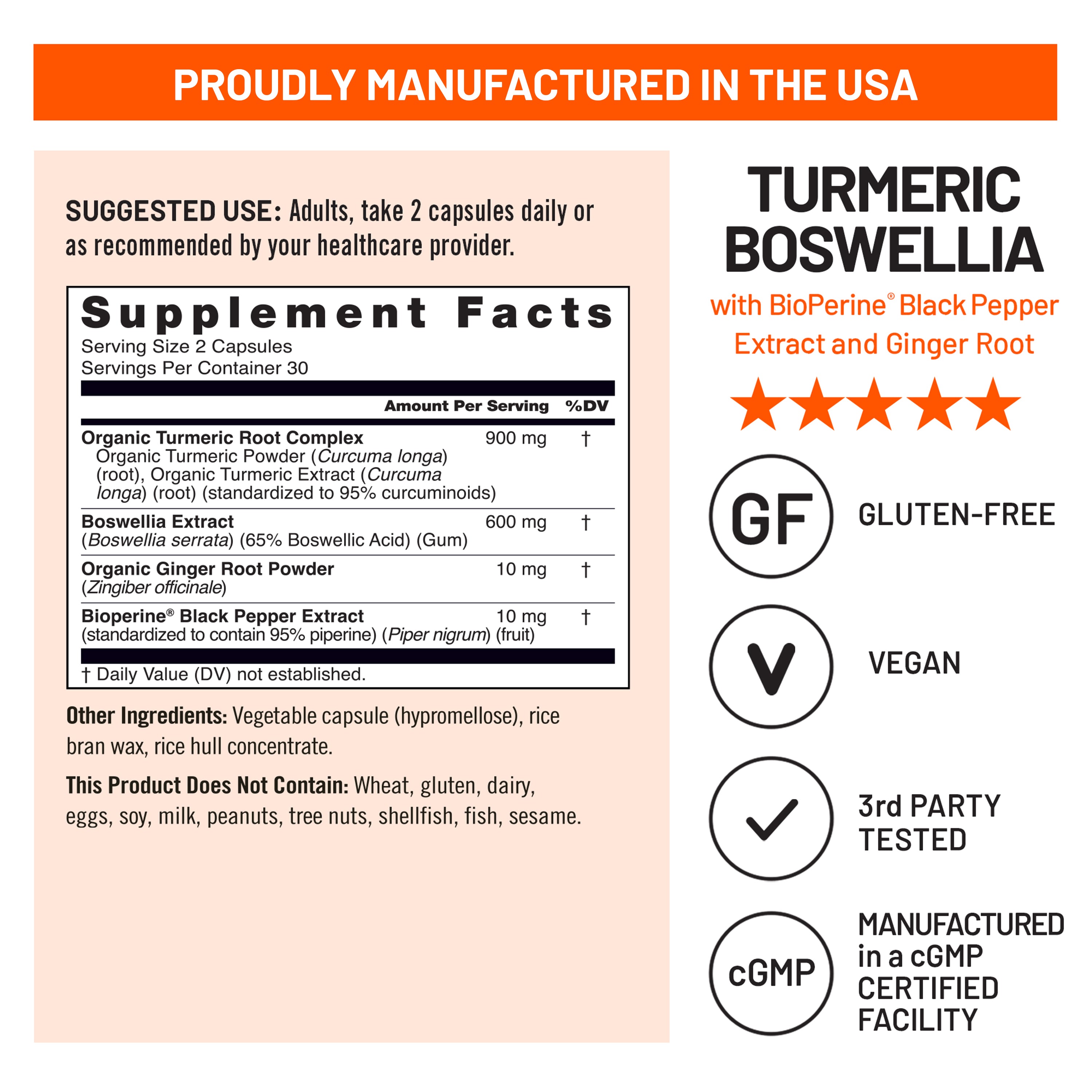 Supplement label for Turmeric Boswellia supplement with BioPerine Black Pepper Extract and Ginger Root, manufactured in the USA.