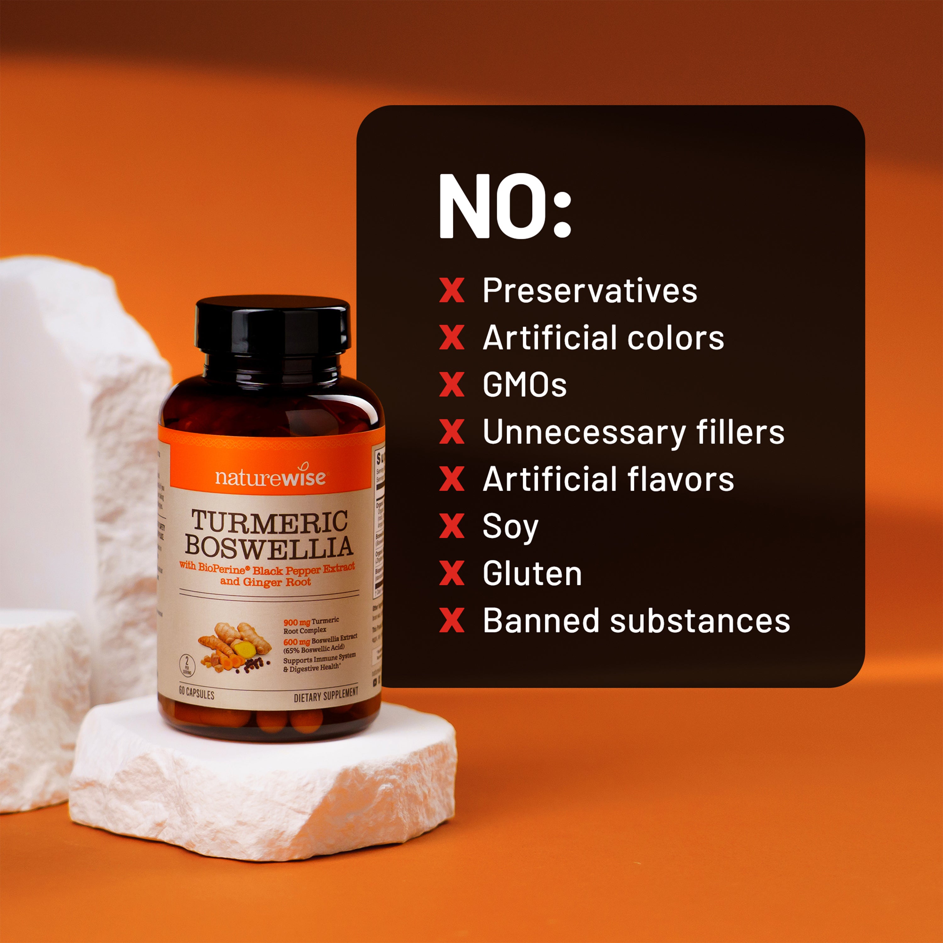 Naturewise Turmeric Boswellia supplement bottle on a stone platform with a list of product features on an orange background.