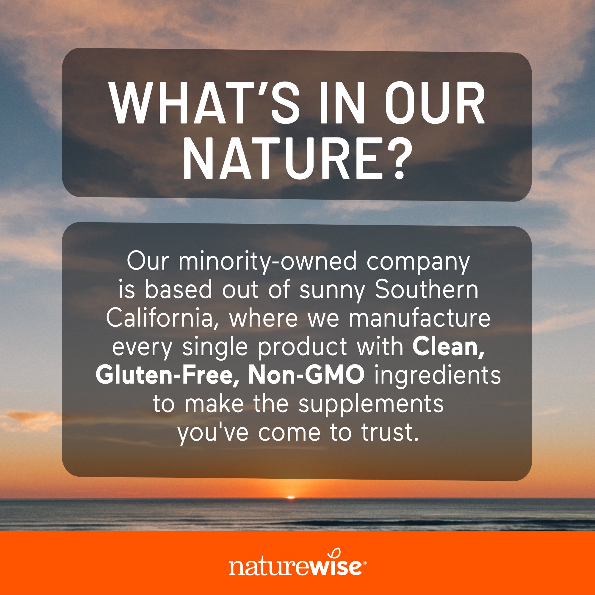 Promotional graphic for Naturewise with sunset over water and text about product ingredients.