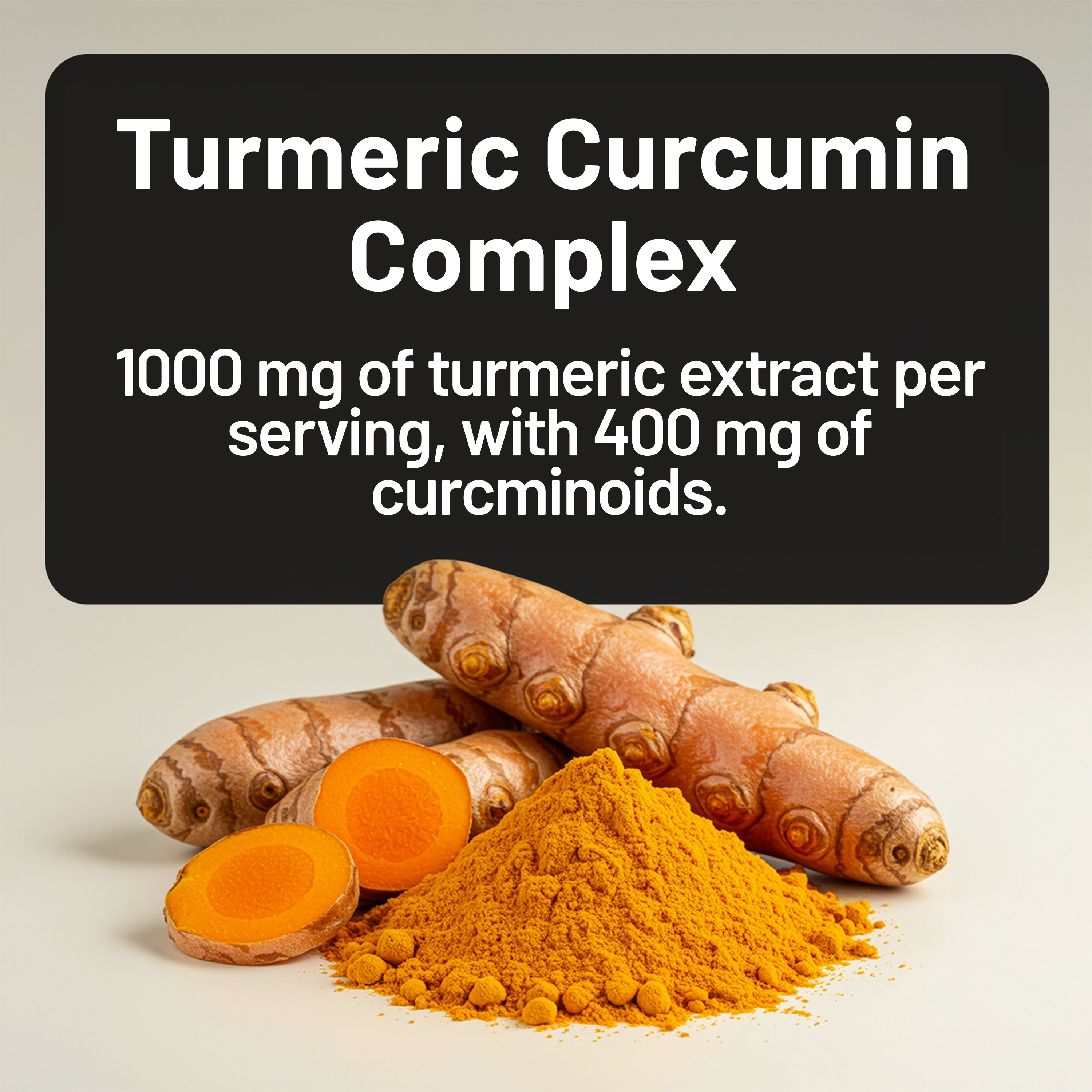 Turmeric root and powder with text about Turmeric Curcumin Complex on a light background