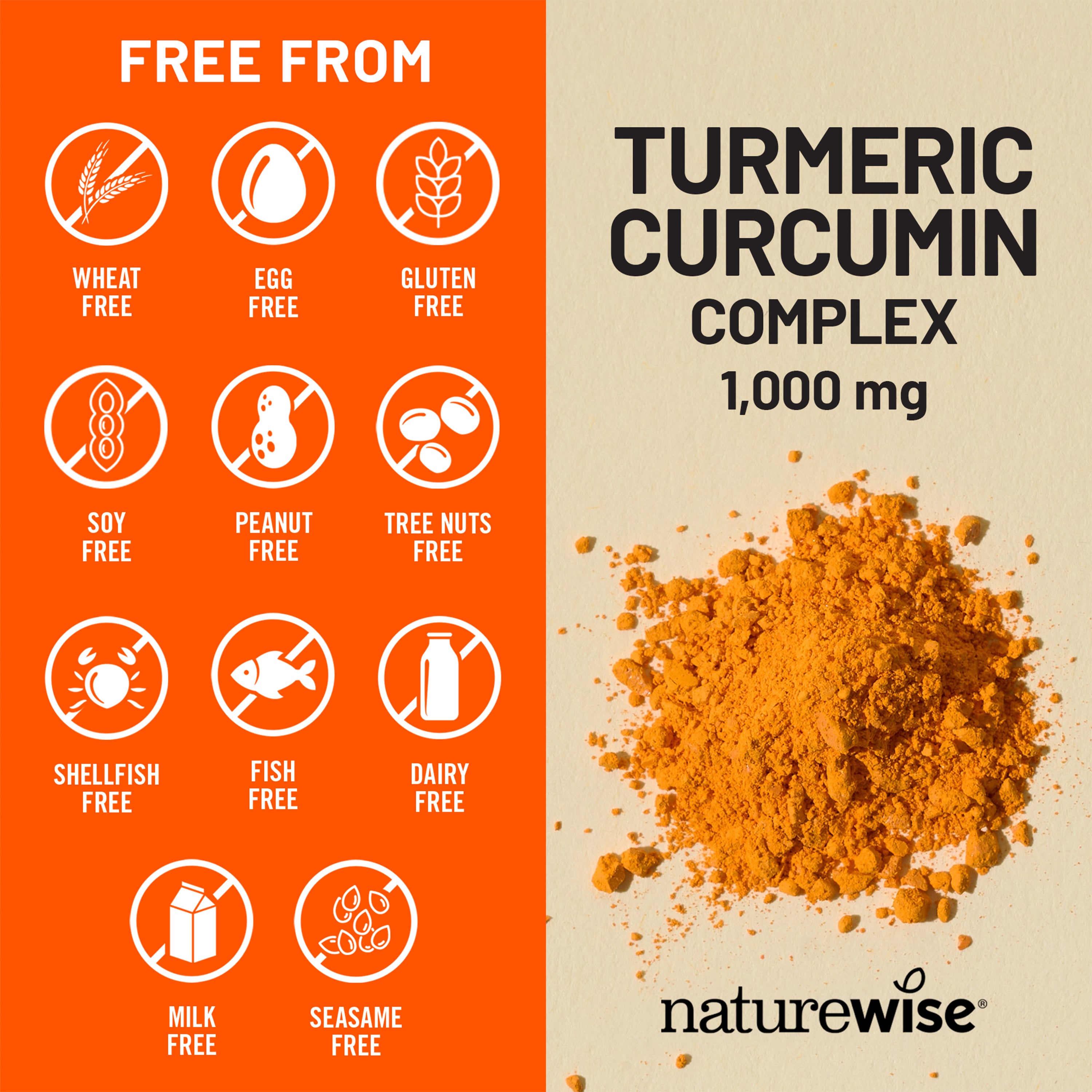 Turmeric Curcumin Complex supplement packaging with free-from icons and NatureWise branding.