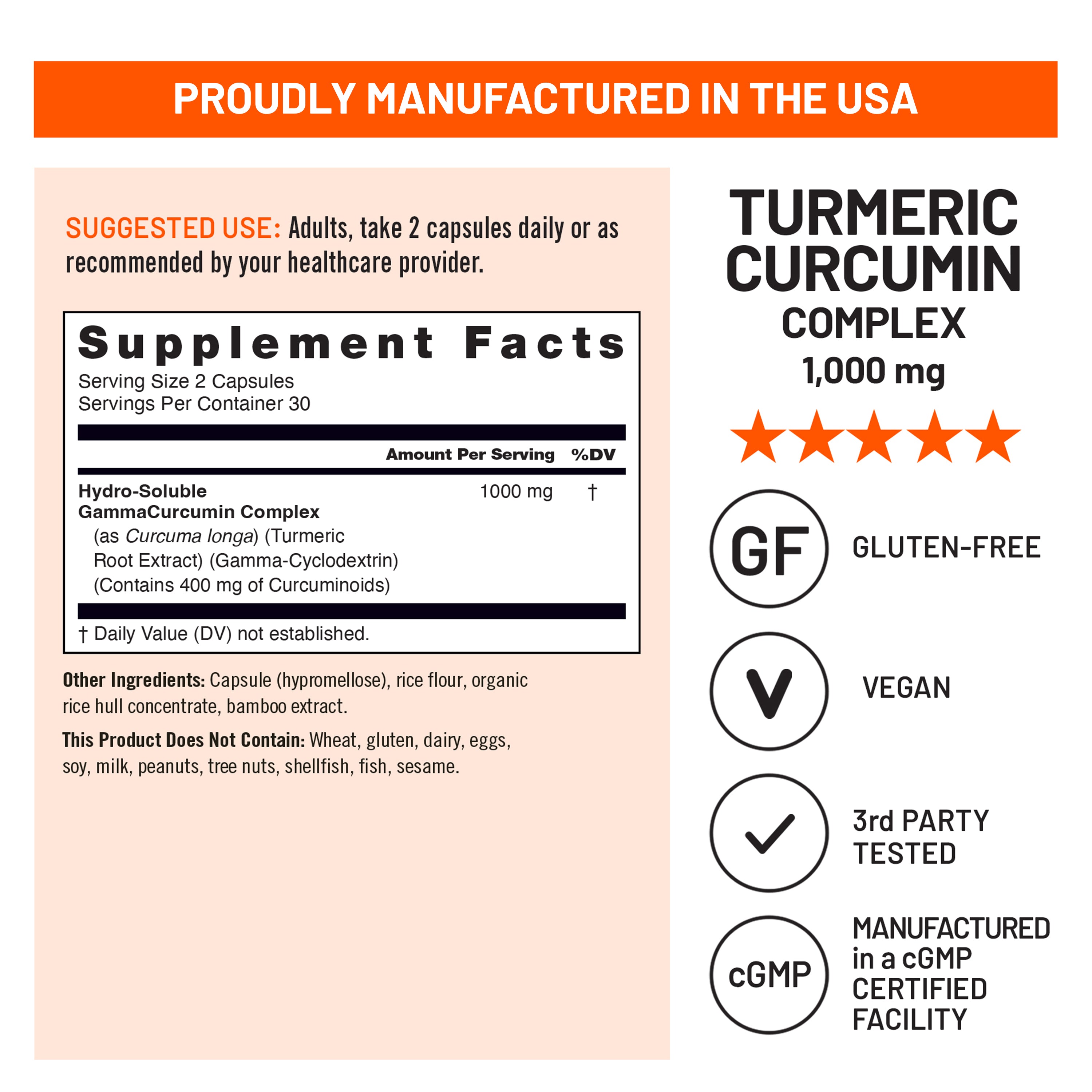 Supplement label for Turmeric Curcumin Complex 1000mg with certification icons and manufacturing details.