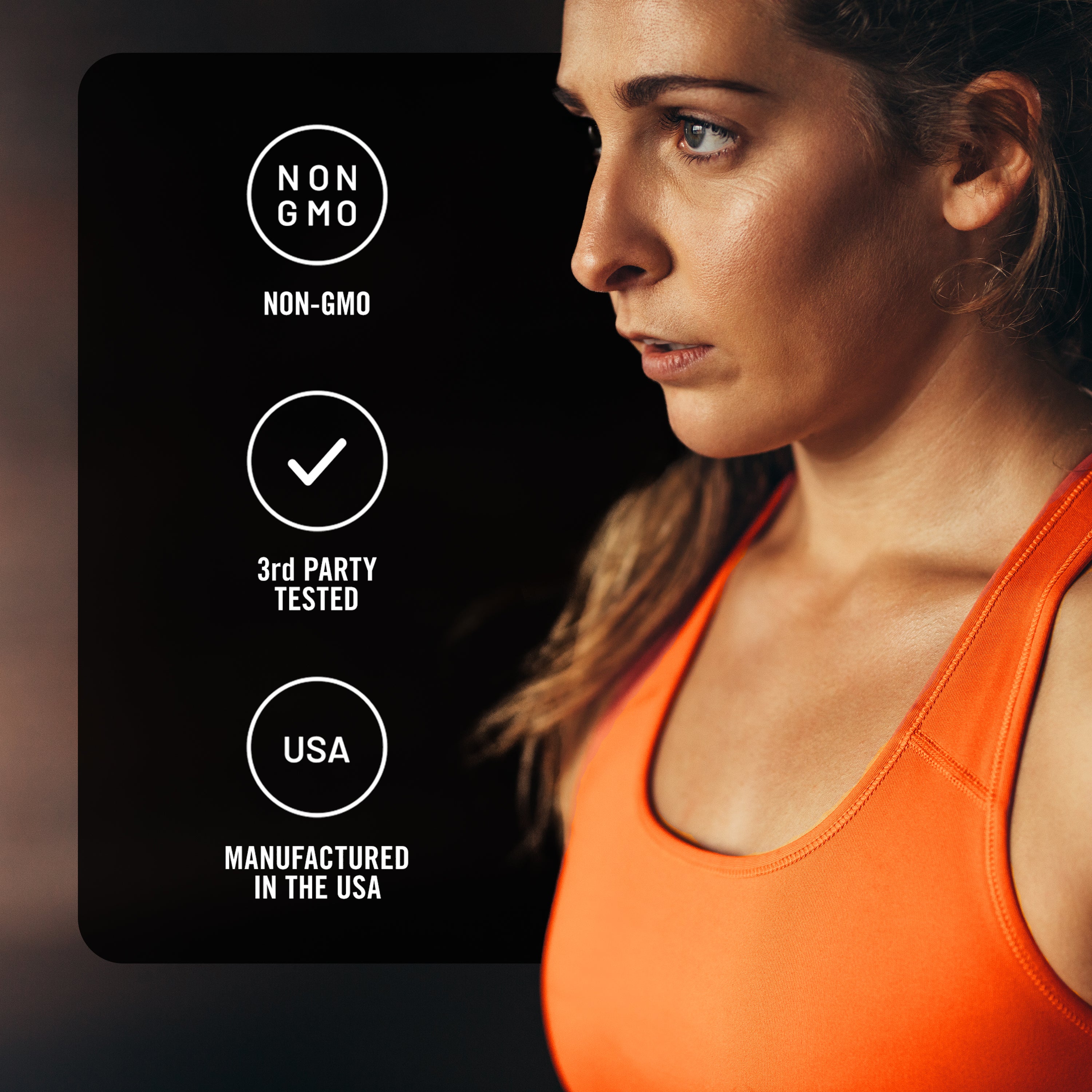 Woman wearing an orange tank top with certification labels on a dark background