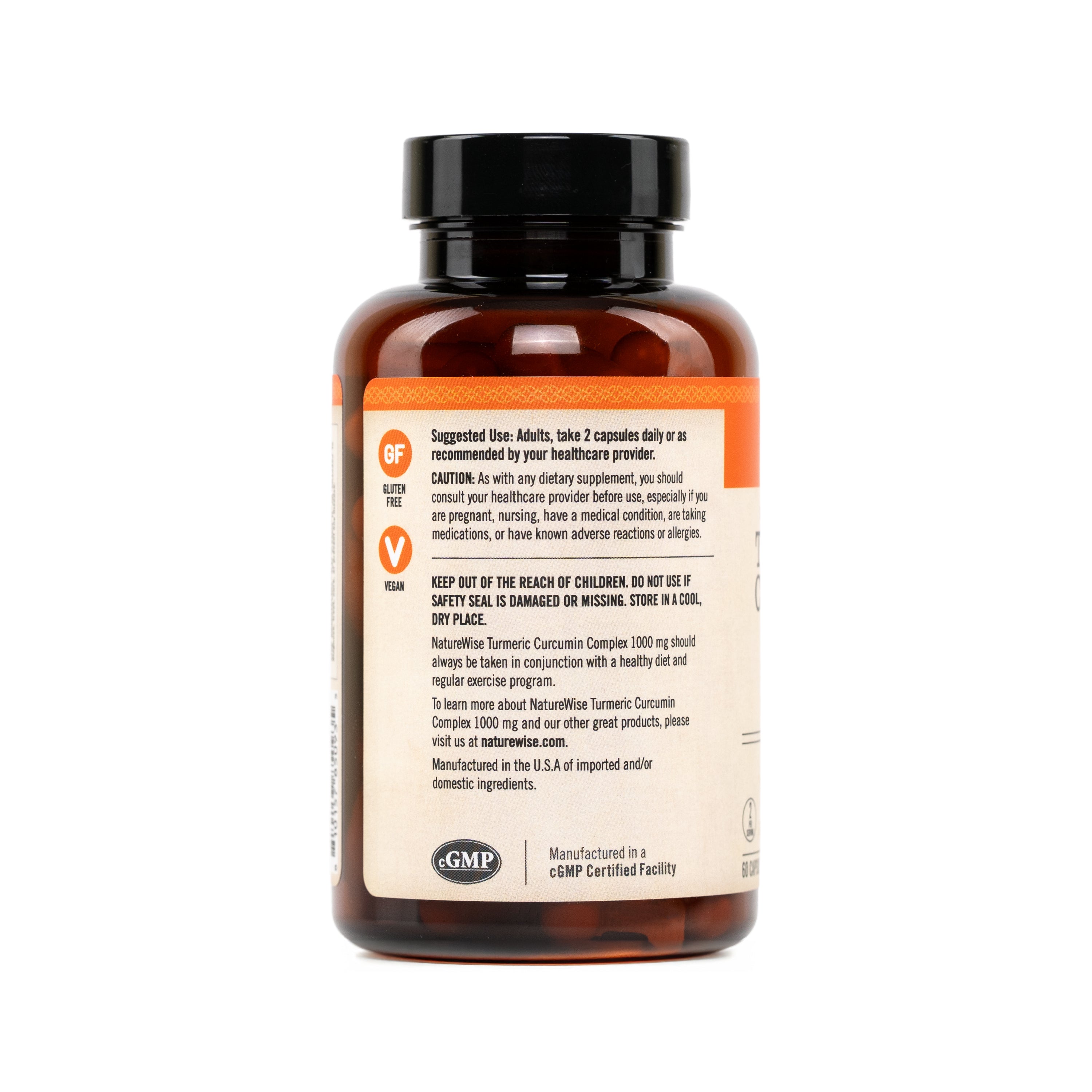 Brown curcumin supplement bottle with label on a white background