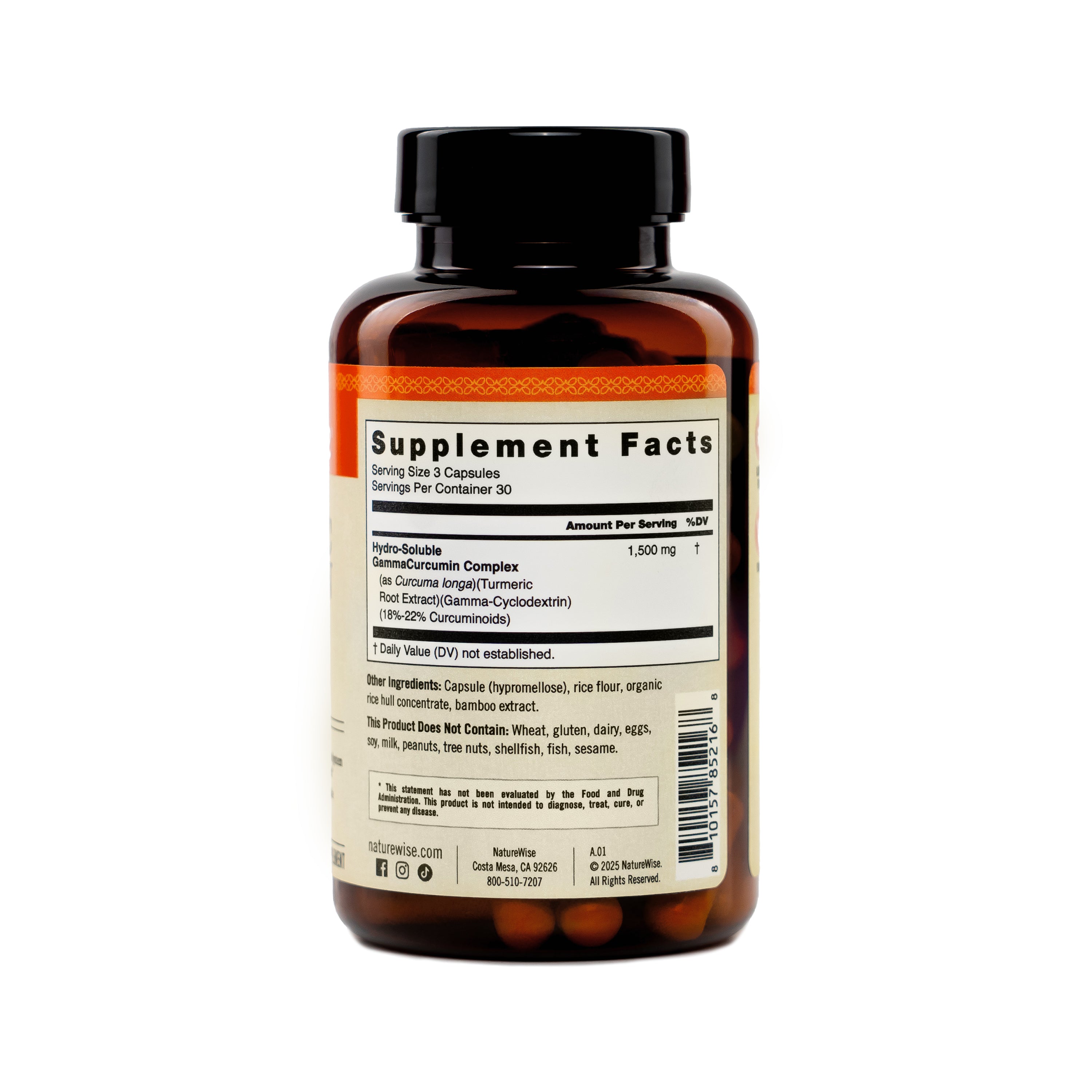NatureWise Hydro-Soluble Turmeric Curcumin Complex 1,500 mg supplement bottle supplement fact label