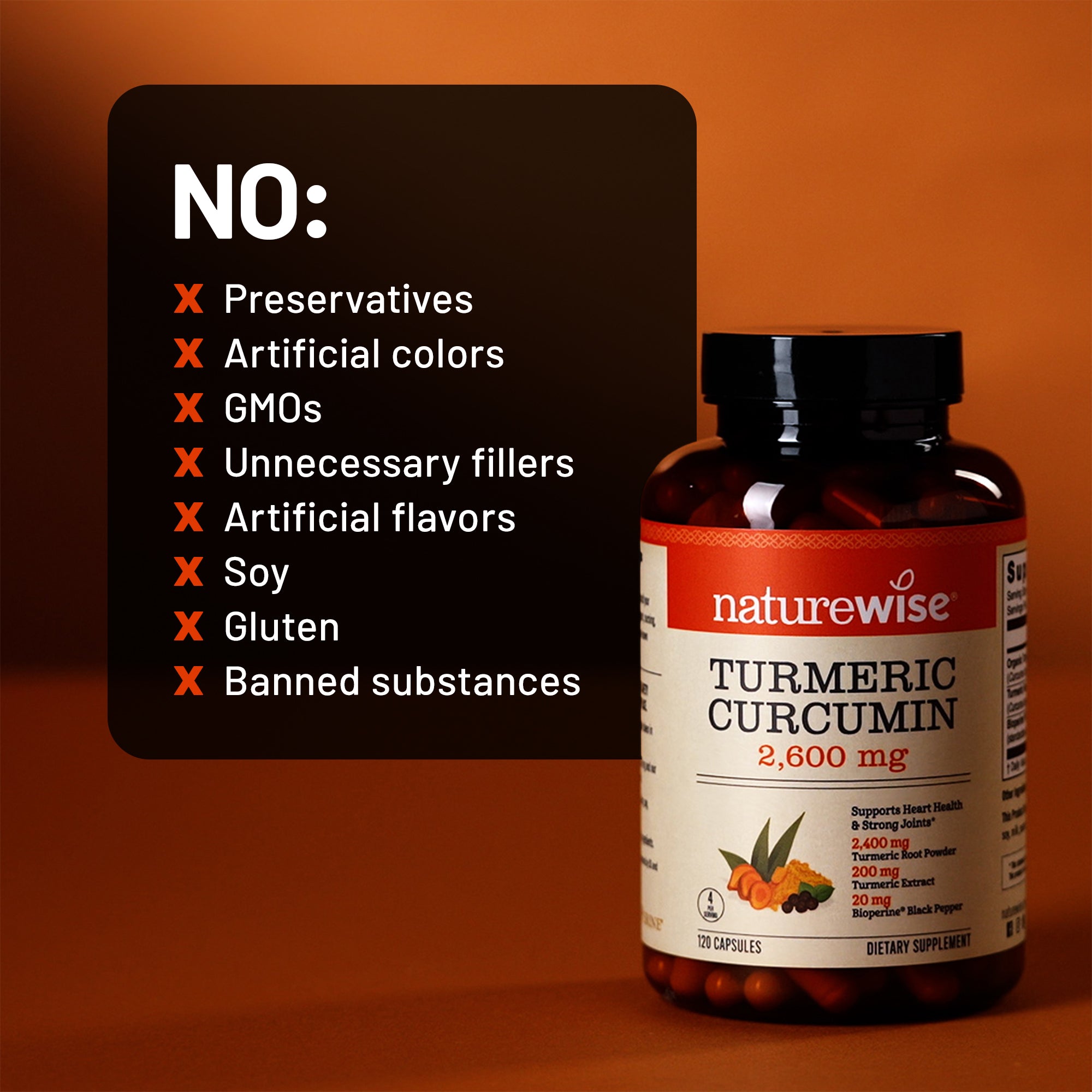Naturewise Extra Strength Turmeric Curcumin supplement bottle with a list of no ingredients on an orange background