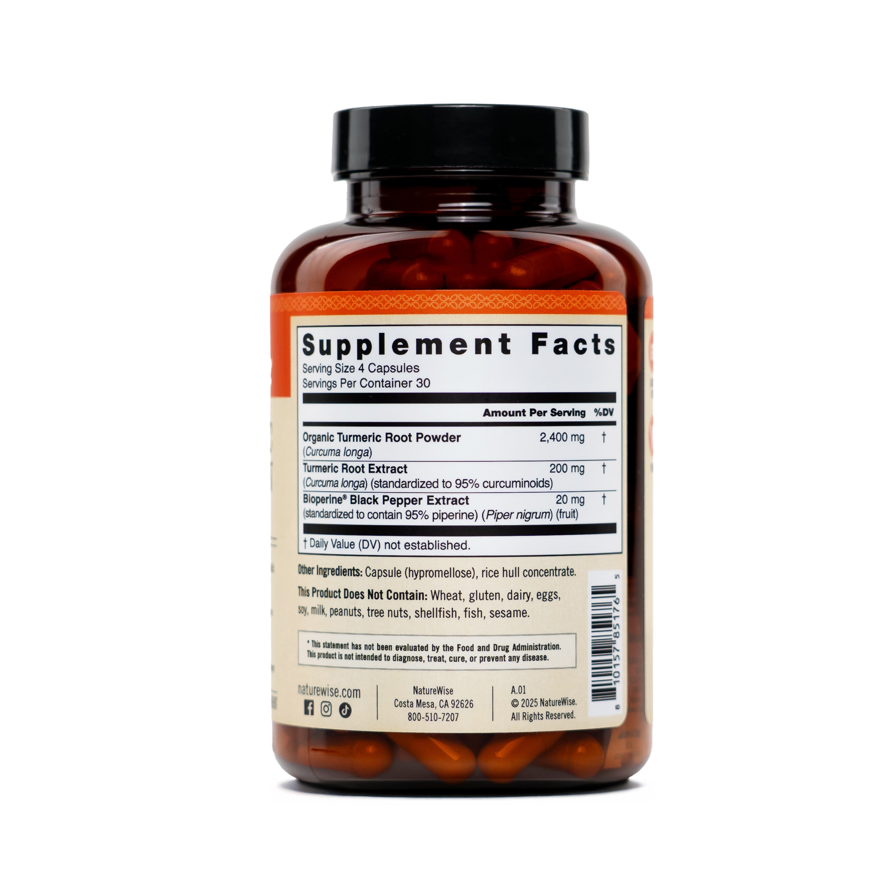 Extra strength turmeric curcumin supplement back of bottle showing supplement facts.