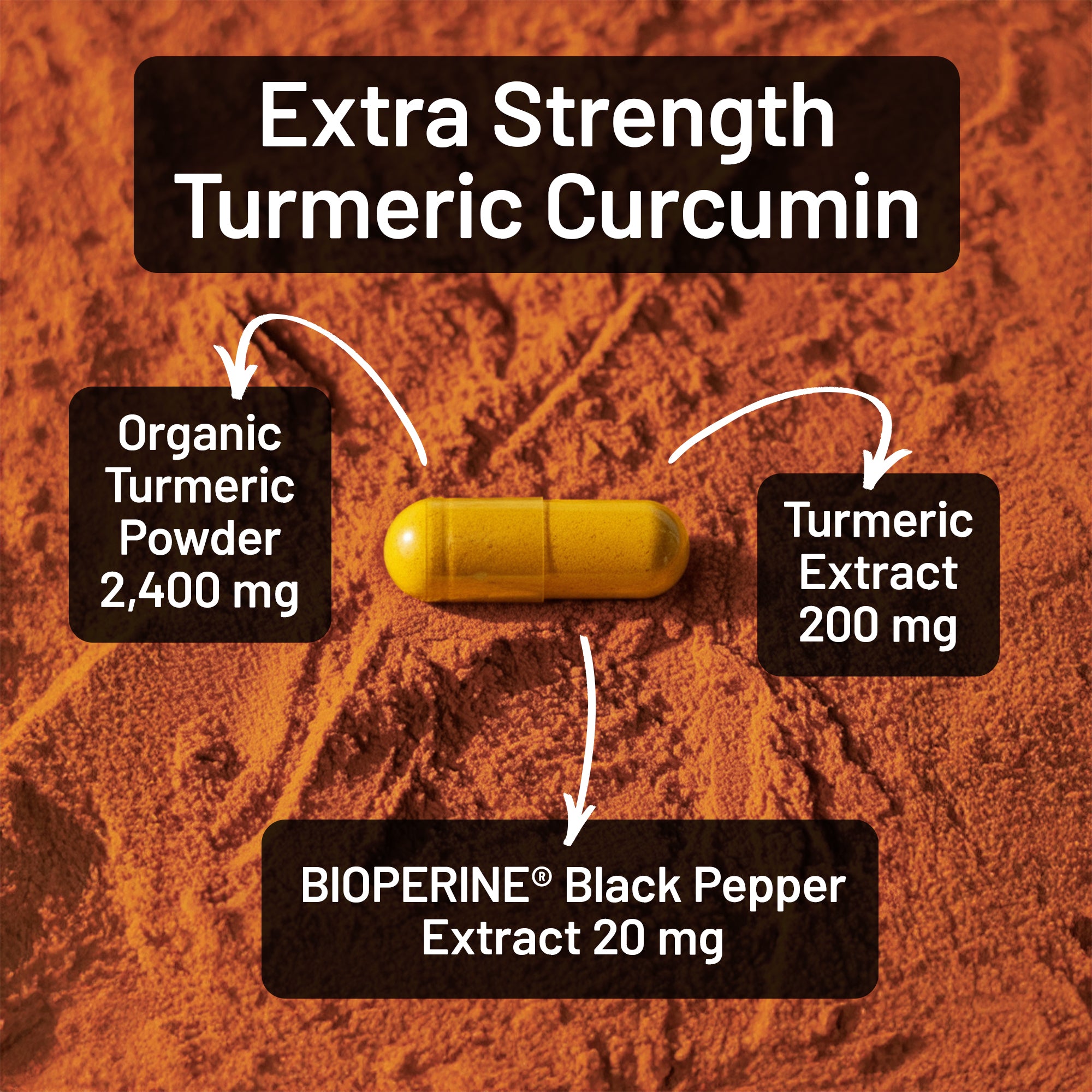 Extra Strength Turmeric Curcumin supplement with labeled ingredients on a brown background