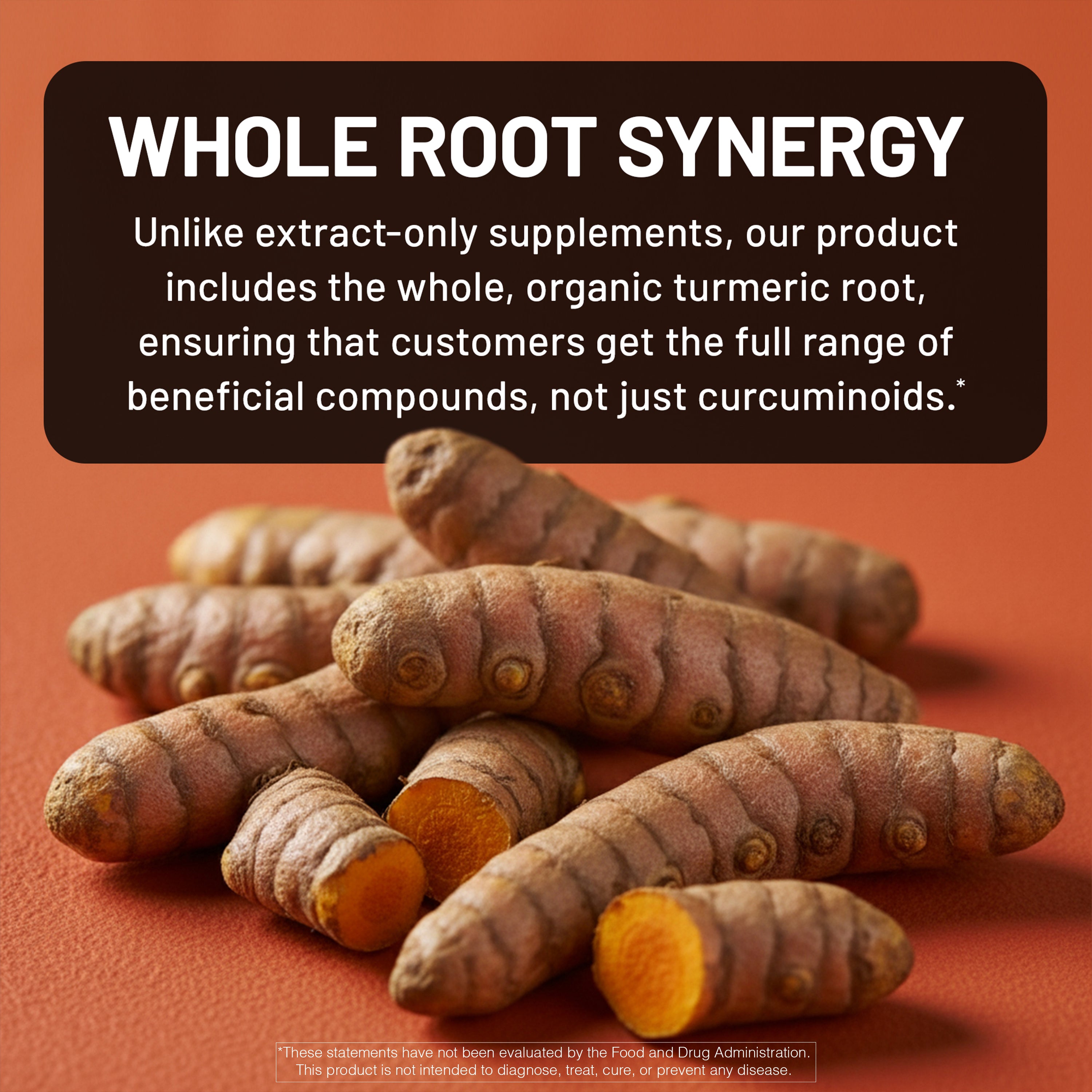 Turmeric roots with promotional text about whole root synergy on a red background