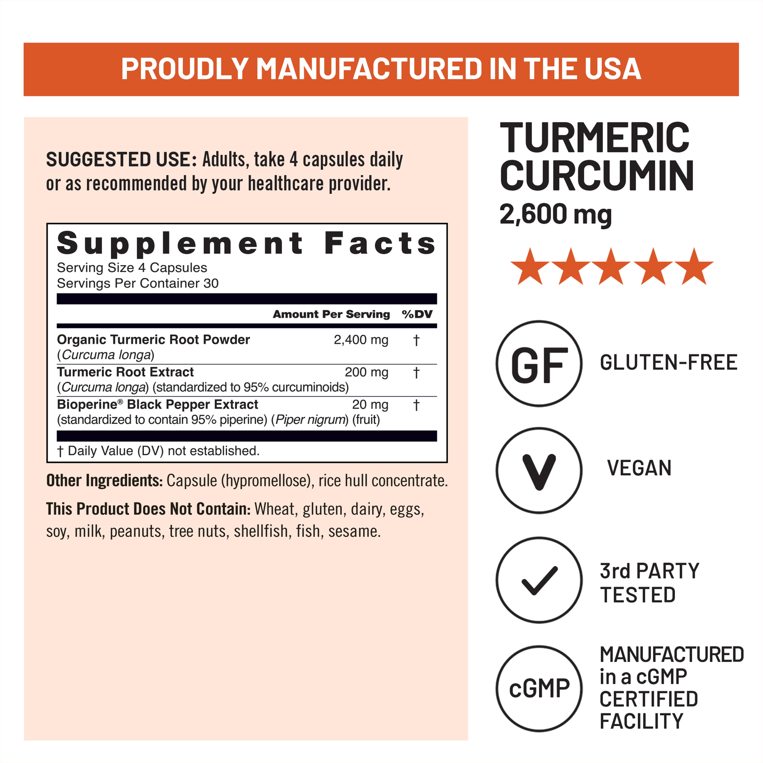 Supplement label for extra strength Turmeric Curcumin with certification icons and product details.