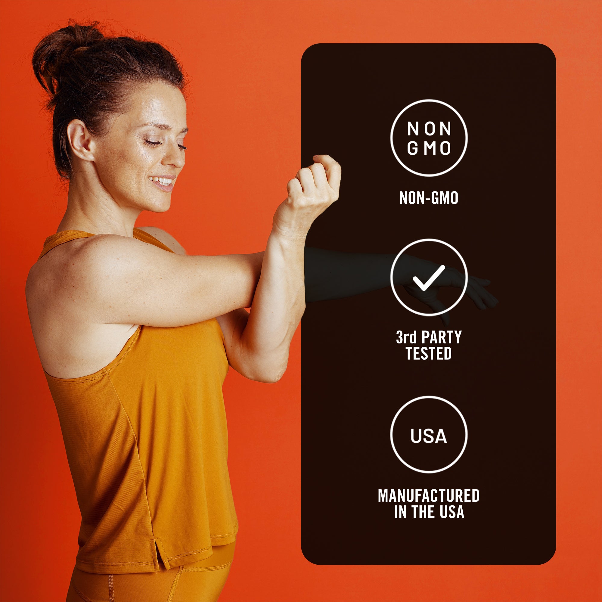 Woman flexing arm muscles next to a label indicating 'Non-GMO', '3rd Party Tested', and 'USA Manufactured'.