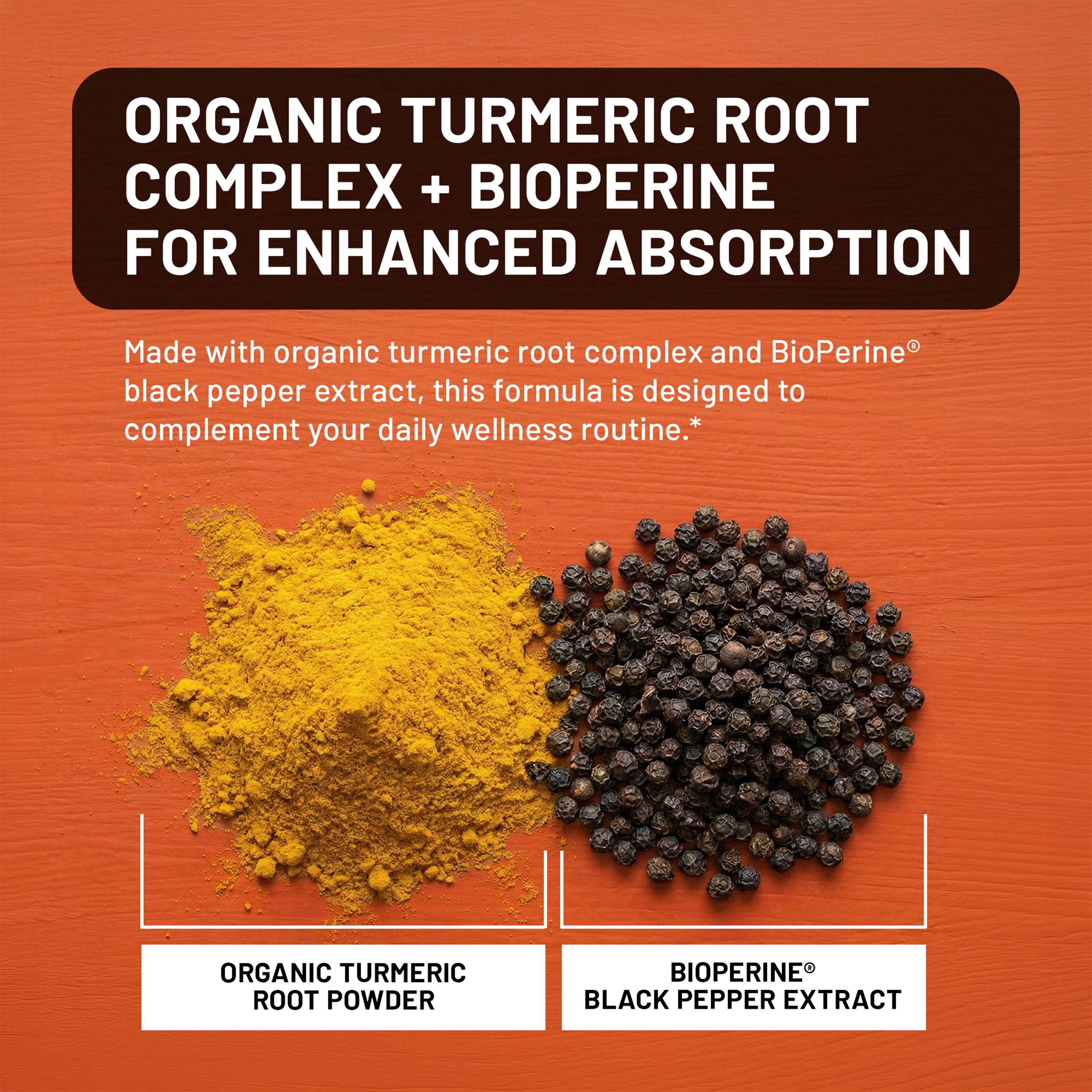 Turmeric root powder and black pepper extract on an orange background with text about organic turmeric root complex and Bioperine.