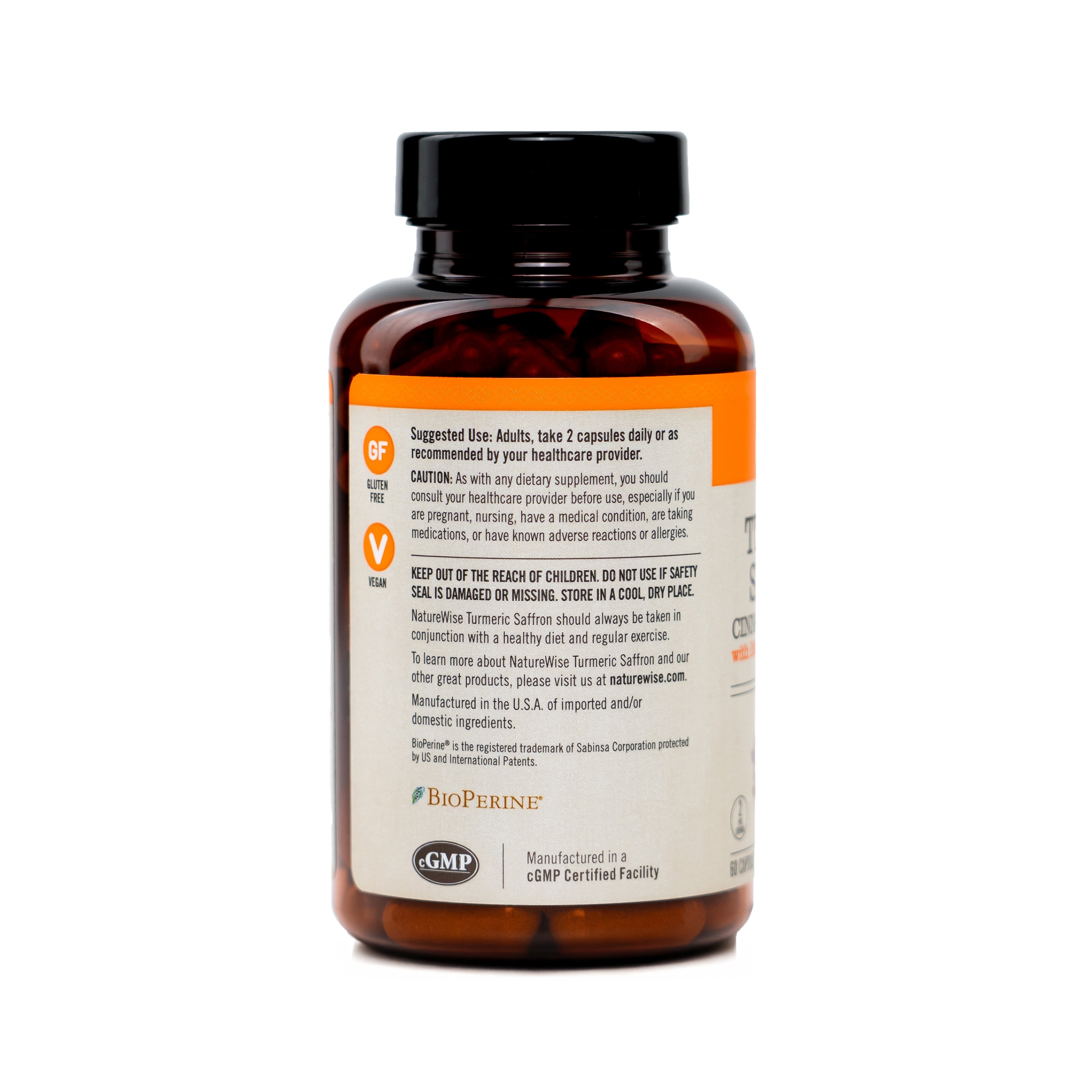 Brown Turmeric Saffron supplement bottle with label on a white background