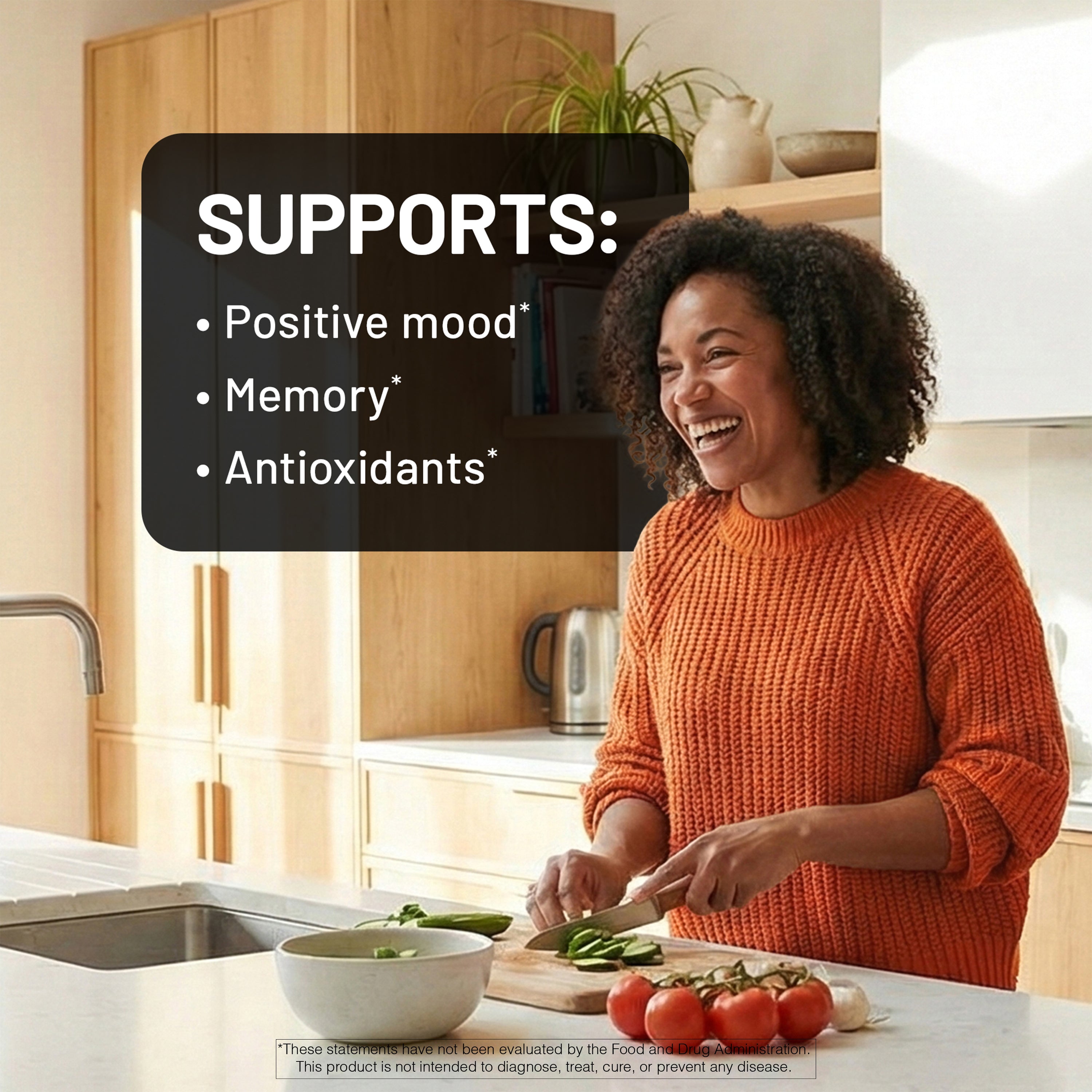 Woman in an orange sweater preparing food in a kitchen with text about saffron supplement product benefits.