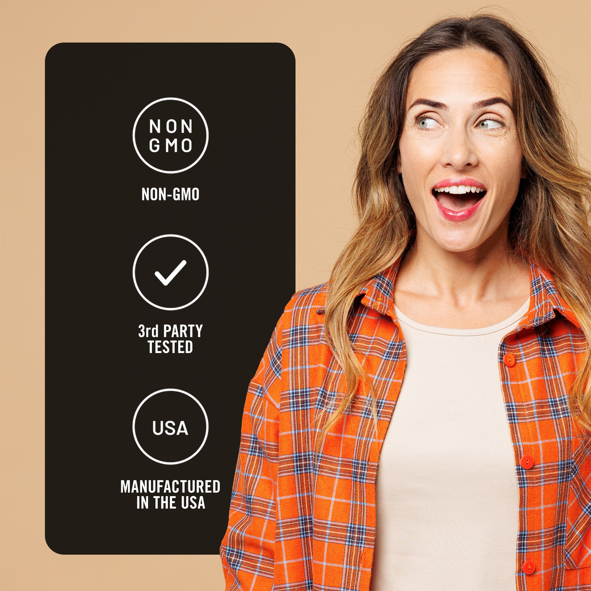 Woman wearing an orange plaid shirt with a black card displaying certification icons on a beige background