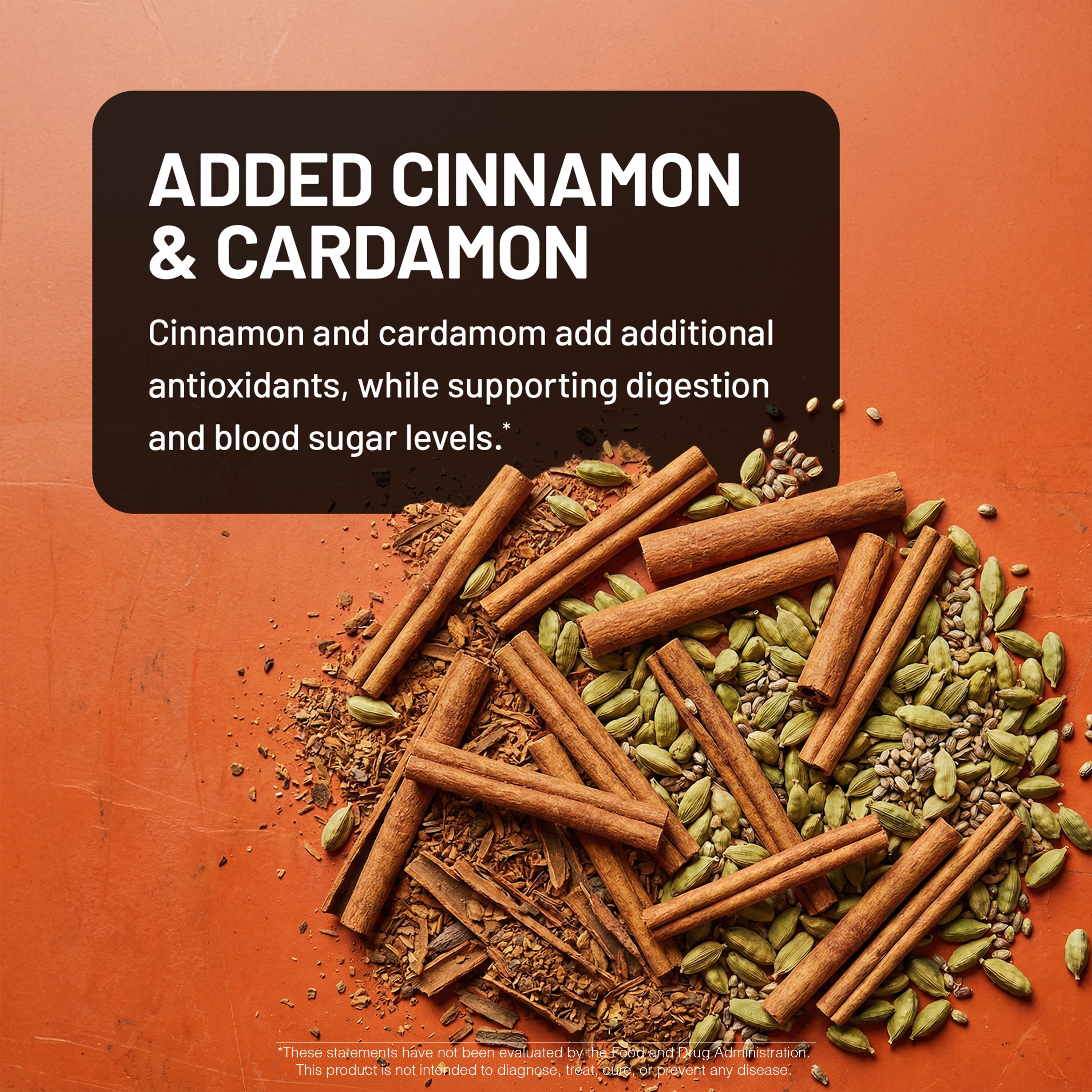 Cinnamon sticks and cardamom seeds on an orange background with text about added cinnamon and cardamom.