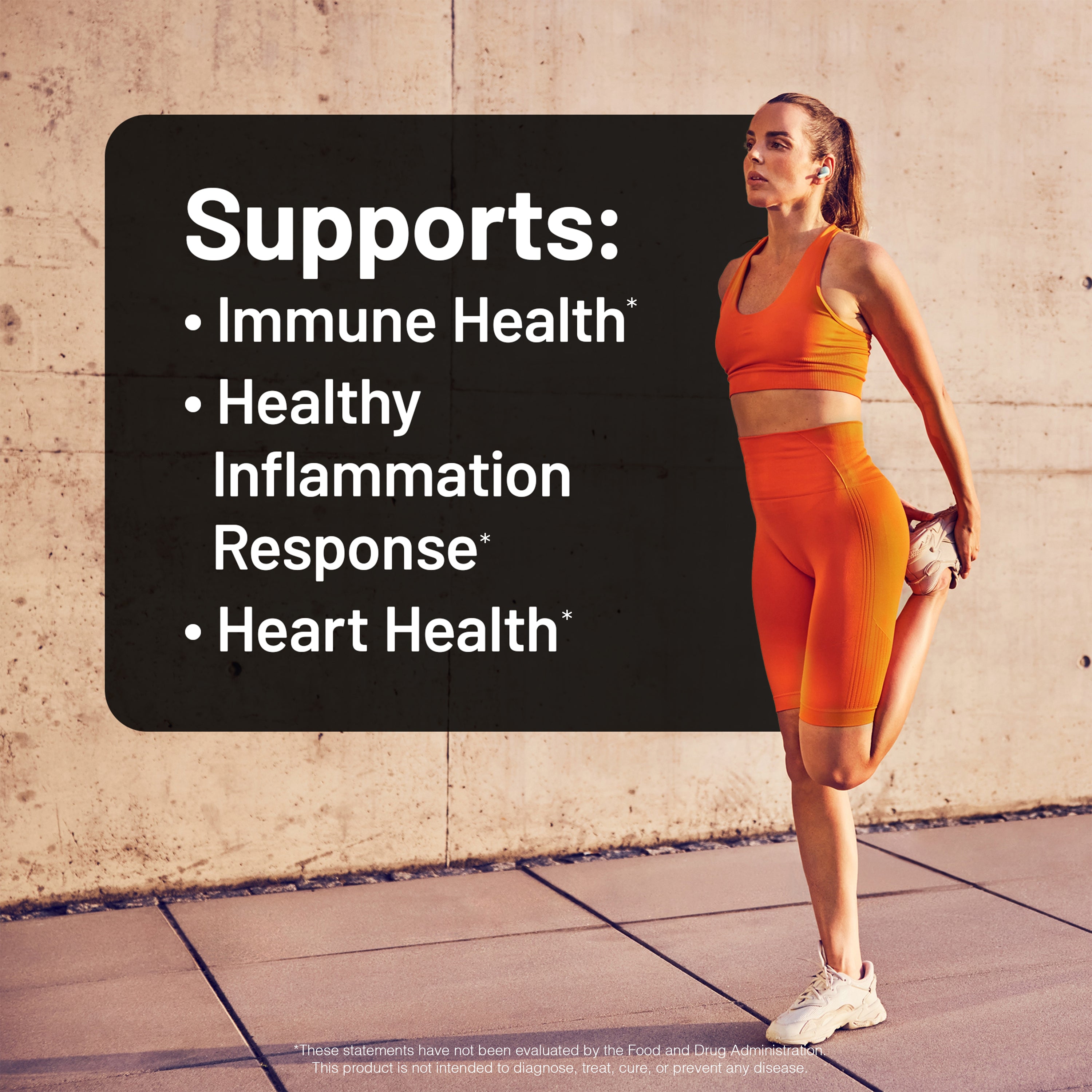 Woman in orange athletic wear stretching outdoors with text about health benefits on a black background.