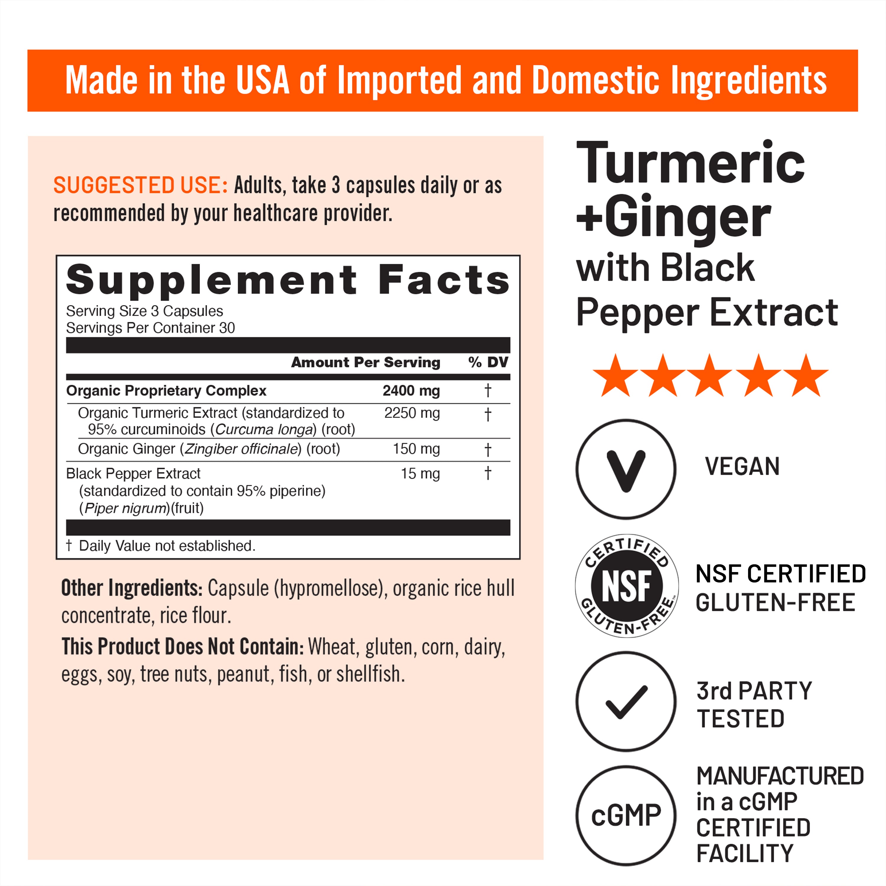 Supplement label for Turmeric + Ginger with Black Pepper Extract on a white background