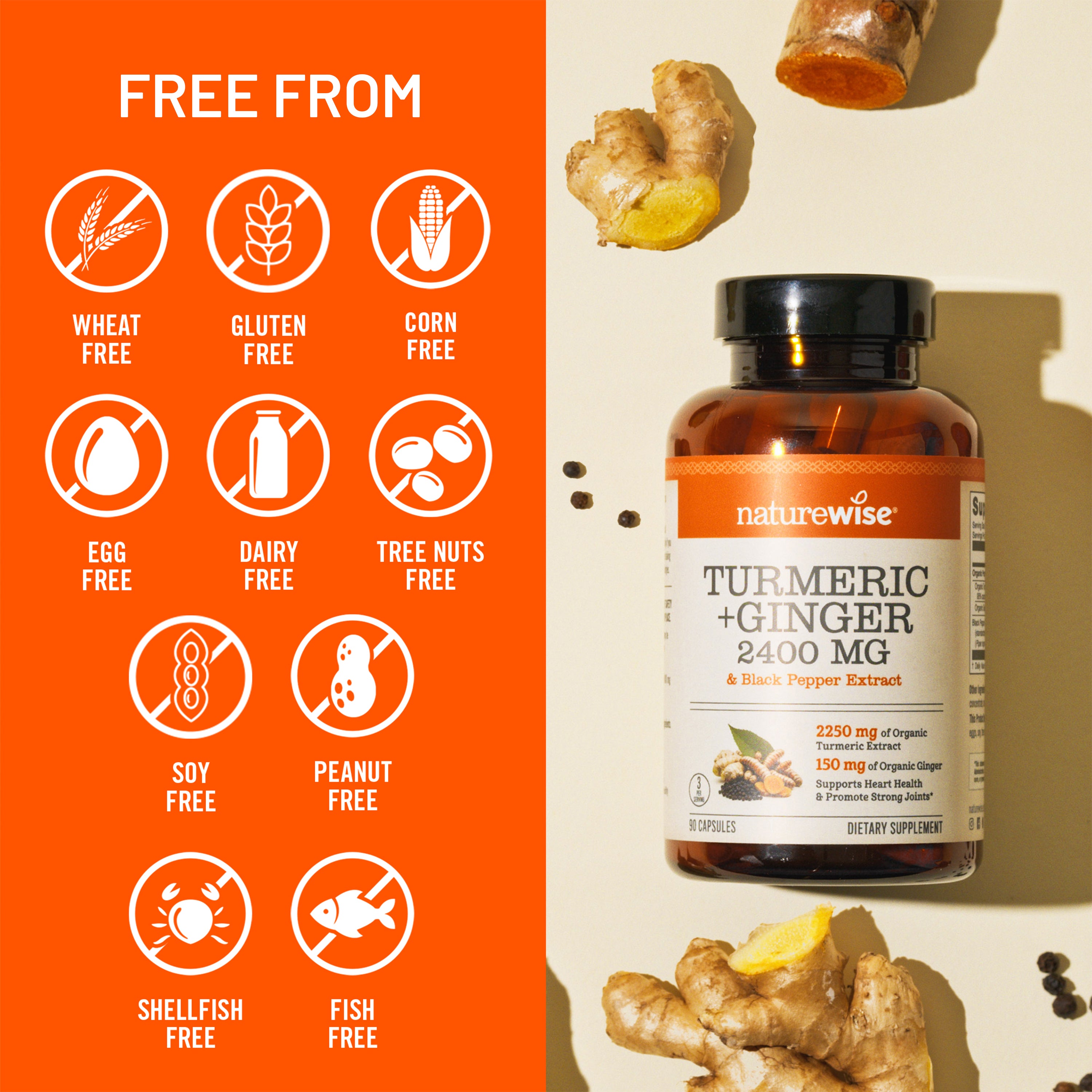 Naturewise Turmeric + Ginger supplement bottle with free-from icons on an orange background