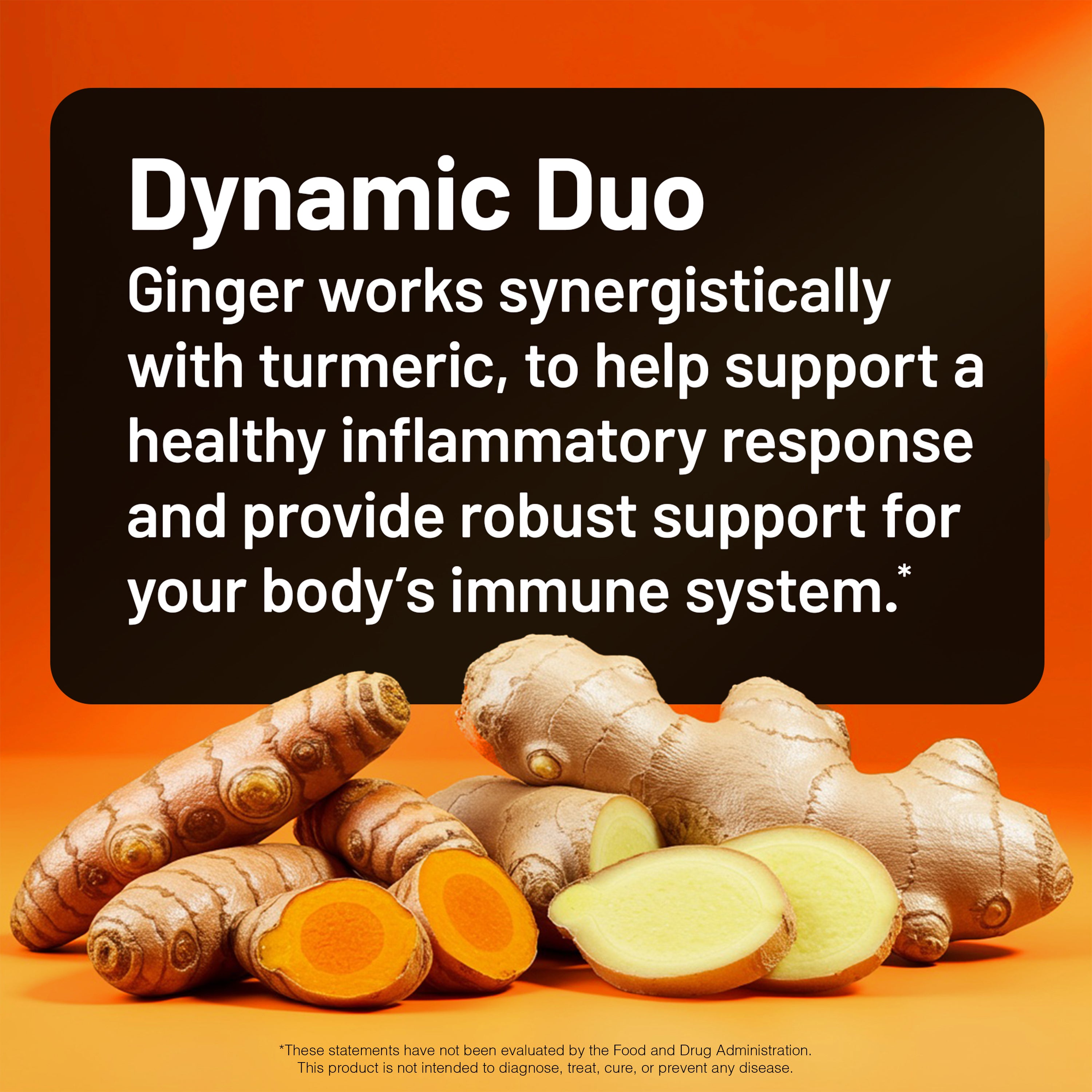 Ginger roots and turmeric on an orange background with text about their synergistic effects.