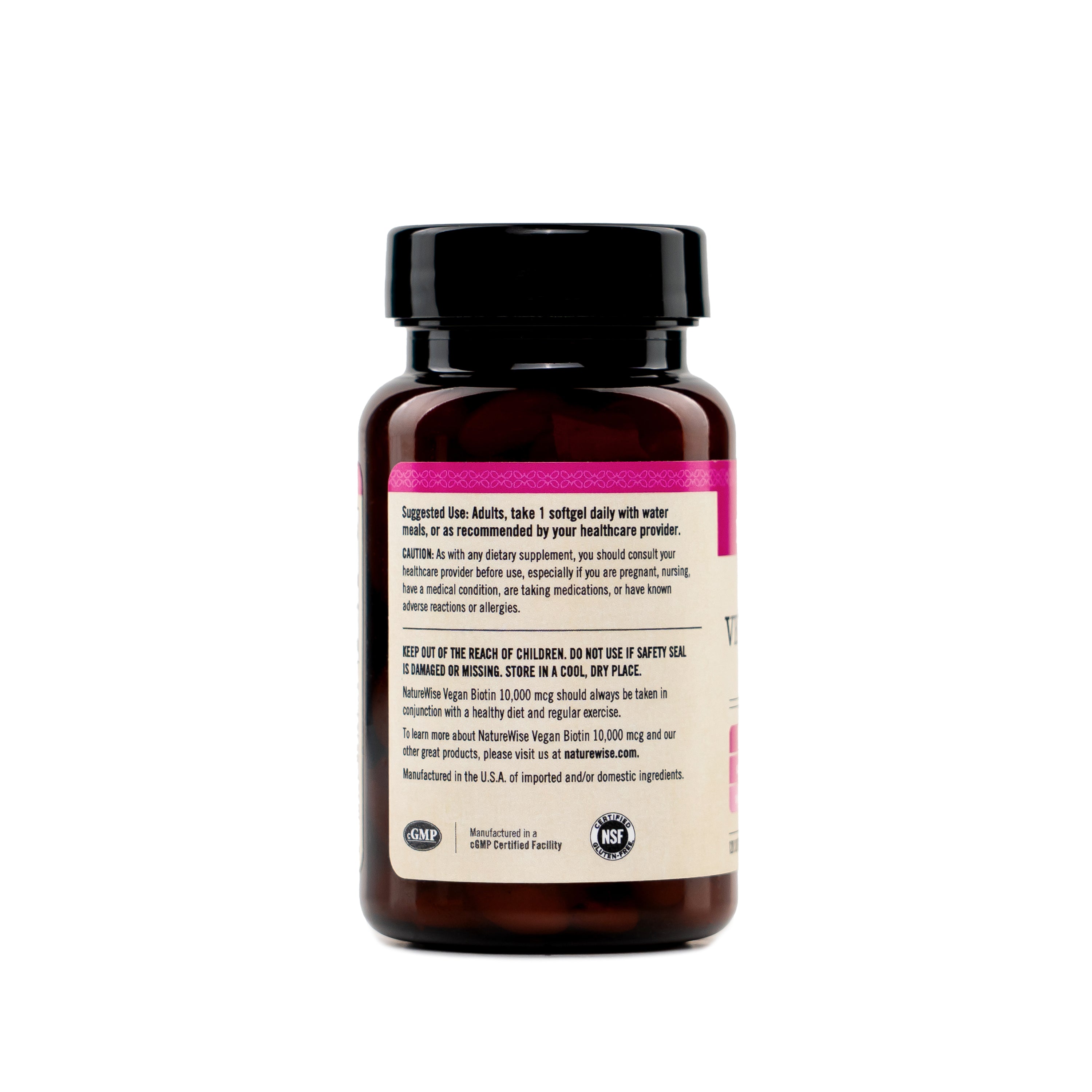 Naturewise Vegan Biotin 10,000 mcg supplement bottle with suggested use label on a white background
